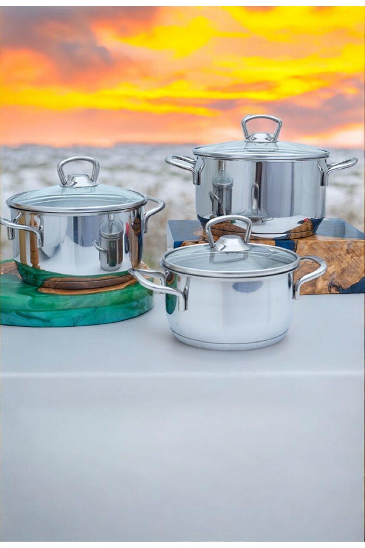 Gökdil Dila 14-16-18 No 6 Piece Steel & Pyrex & Glass Lid & Steel Cookware Set Triple Casserole Set 8