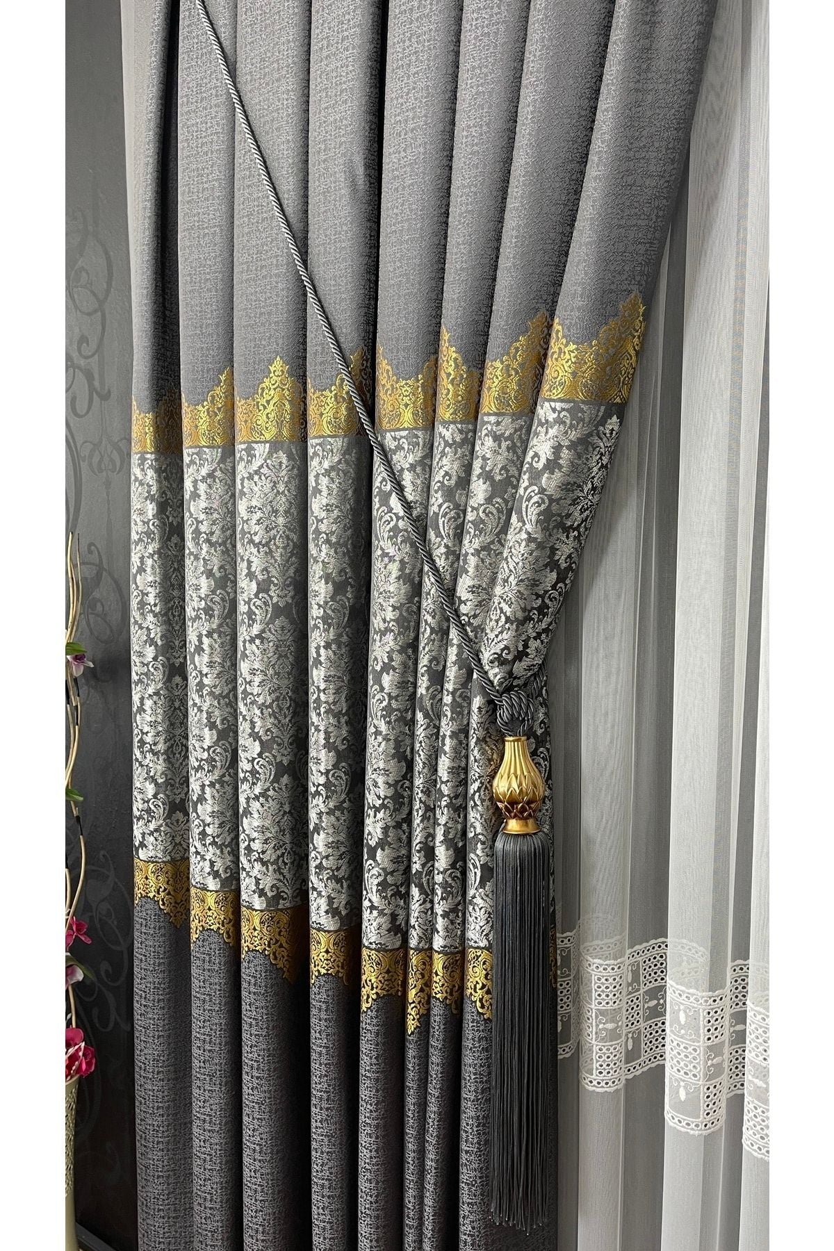 Yuka Pano Curtain Grey Single Panel Tight Pleated Jacquard Semi-Glossy Patterned 100 X 260 1