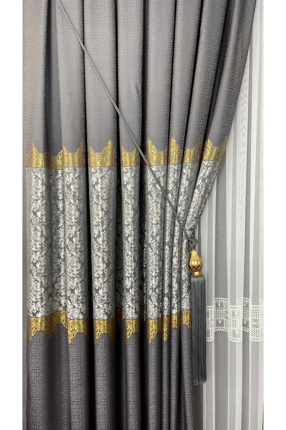 Yuka Pano Curtain Grey Single Panel Tight Pleated Jacquard Semi-Glossy Patterned 100 X 260 2