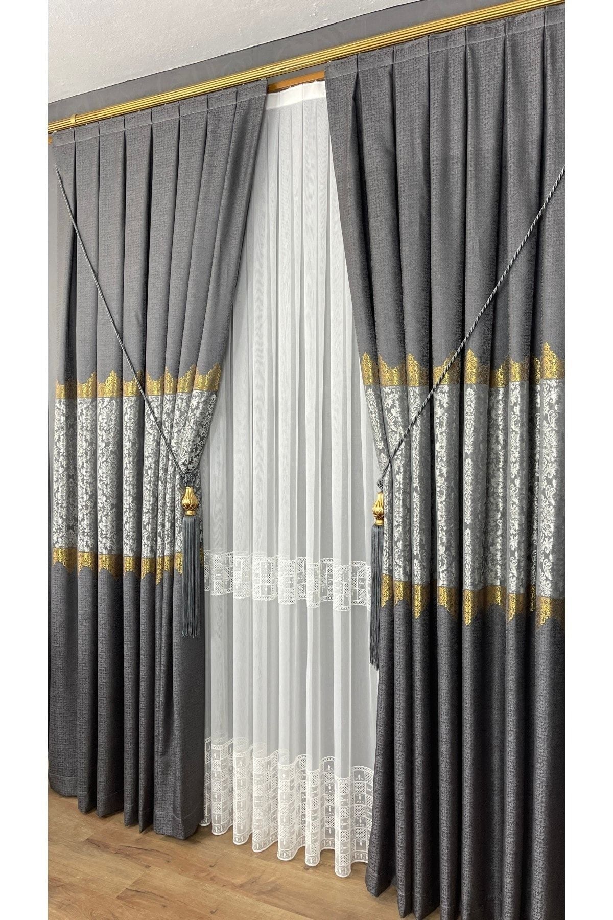 Yuka Pano Curtain Grey Single Panel Tight Pleated Jacquard Semi-Glossy Patterned 100 X 260 7