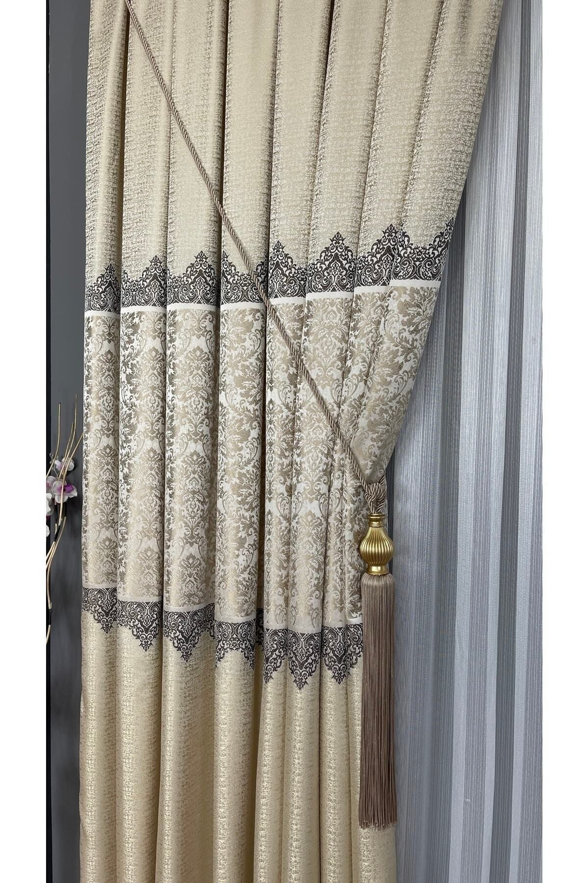 Yuka Pano Fon Curtain Cream Beige Single Panel Tight Pleated Jacquard Semi-Gloss Patterned 100 X 260 1