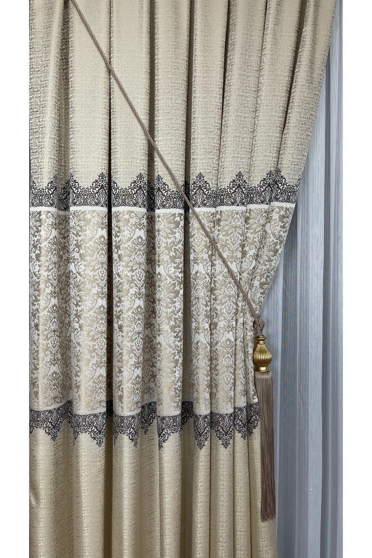 Yuka Pano Fon Curtain Cream Beige Single Panel Tight Pleated Jacquard Semi-Gloss Patterned 100 X 260 2