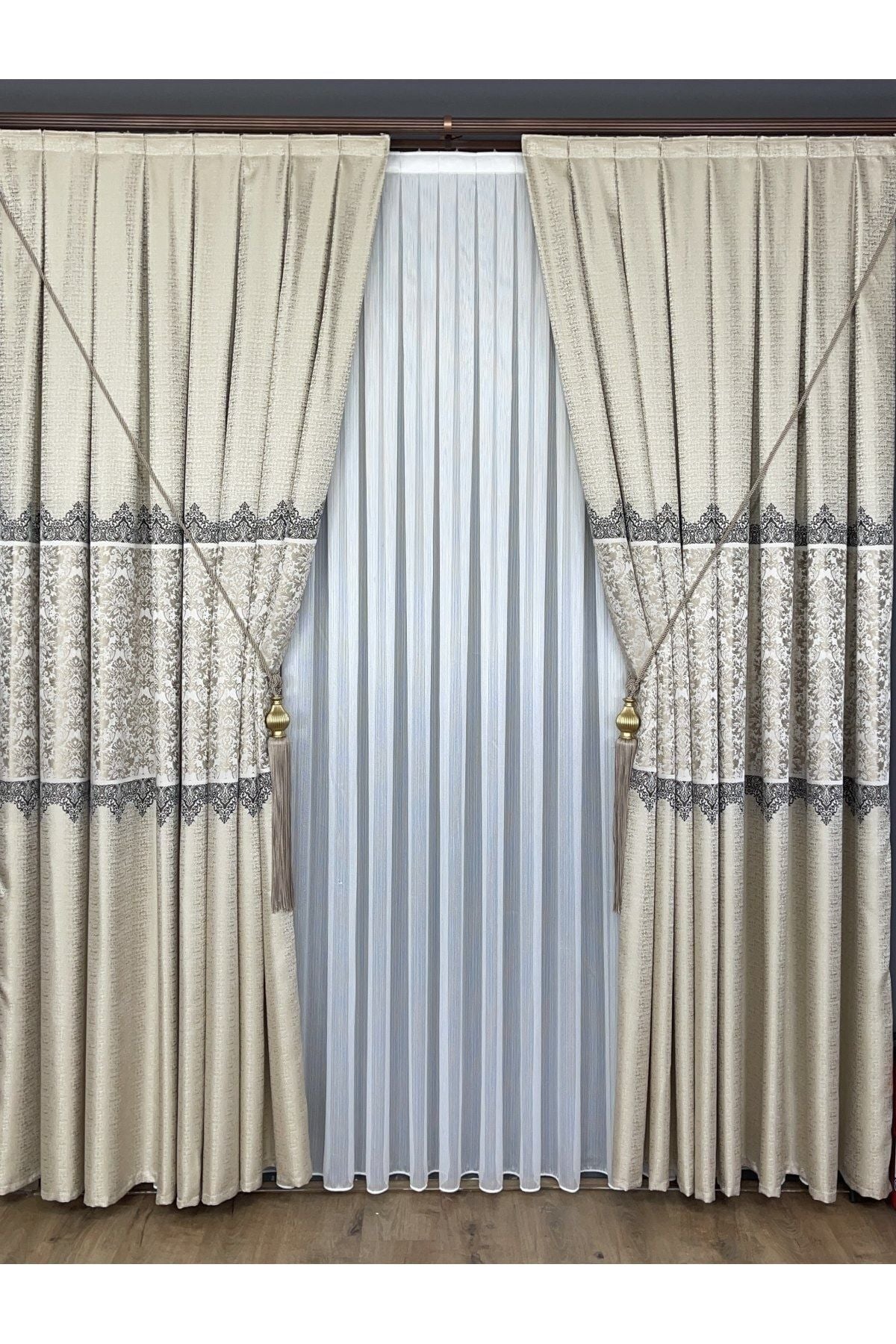 Yuka Pano Fon Curtain Cream Beige Single Panel Tight Pleated Jacquard Semi-Gloss Patterned 100 X 260 5