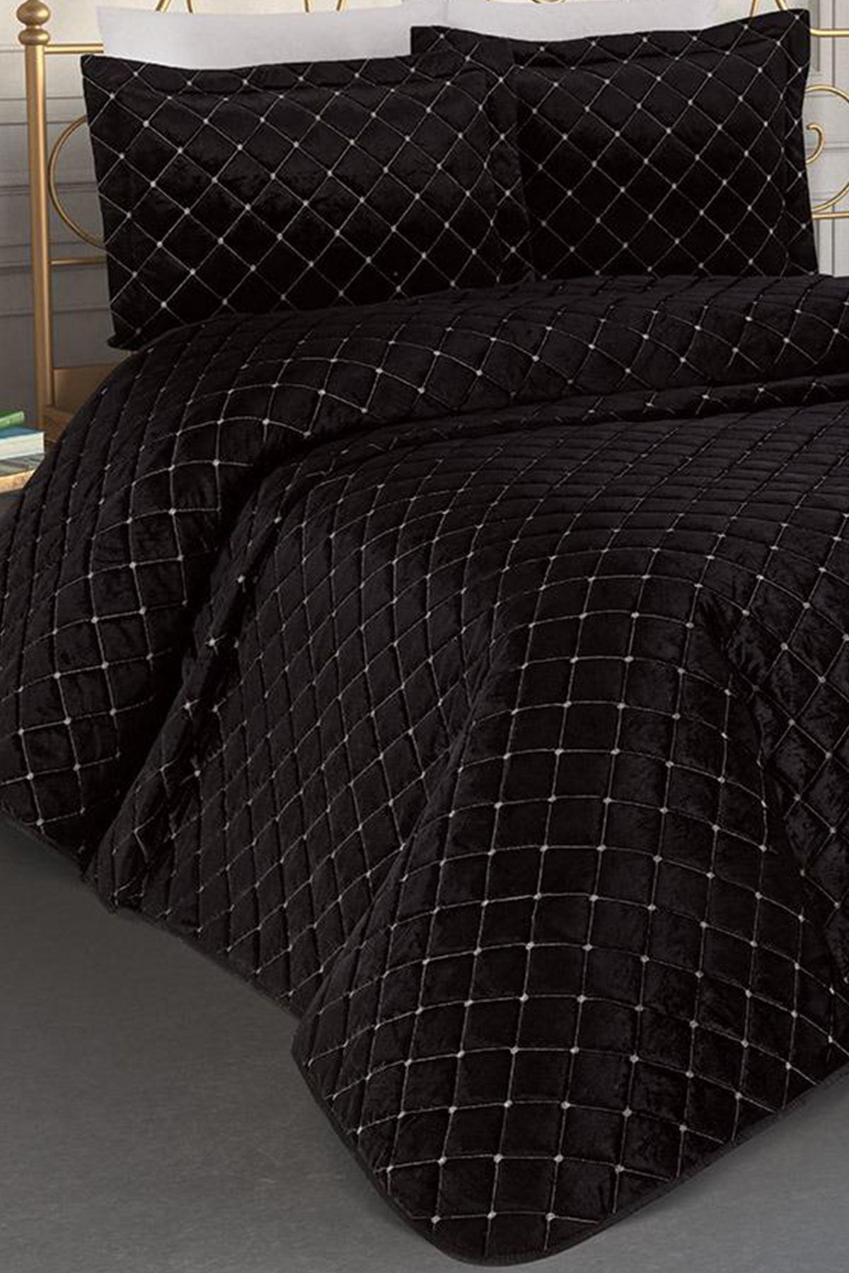 Çeyiz Diyarı Dessert Velvet Double Bedspread Black 2