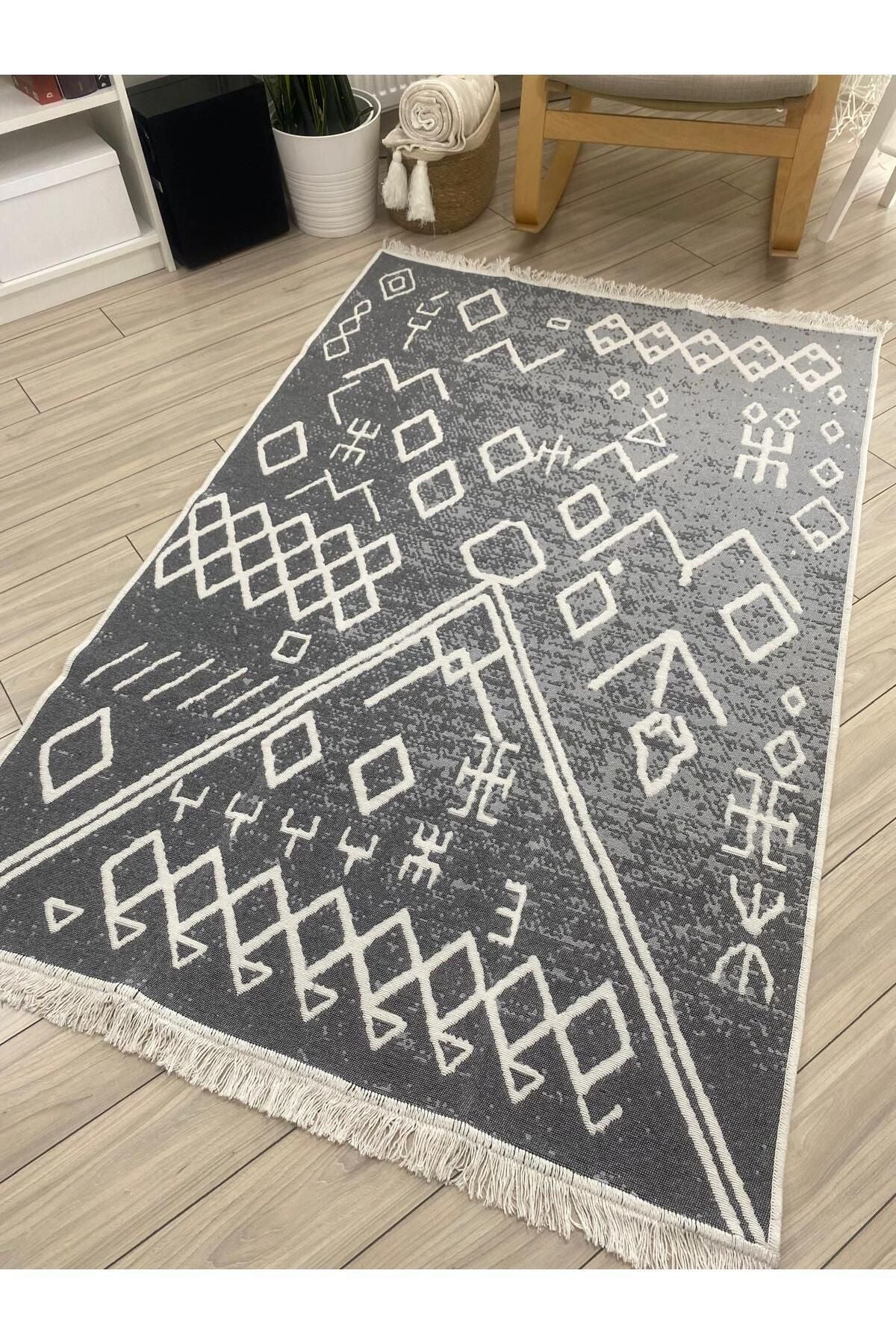 Stay With Love Double-Sided Kilim Cotton Woven Washable Scandinavian Pattern Rug, Runner Gray-White ASL23 1