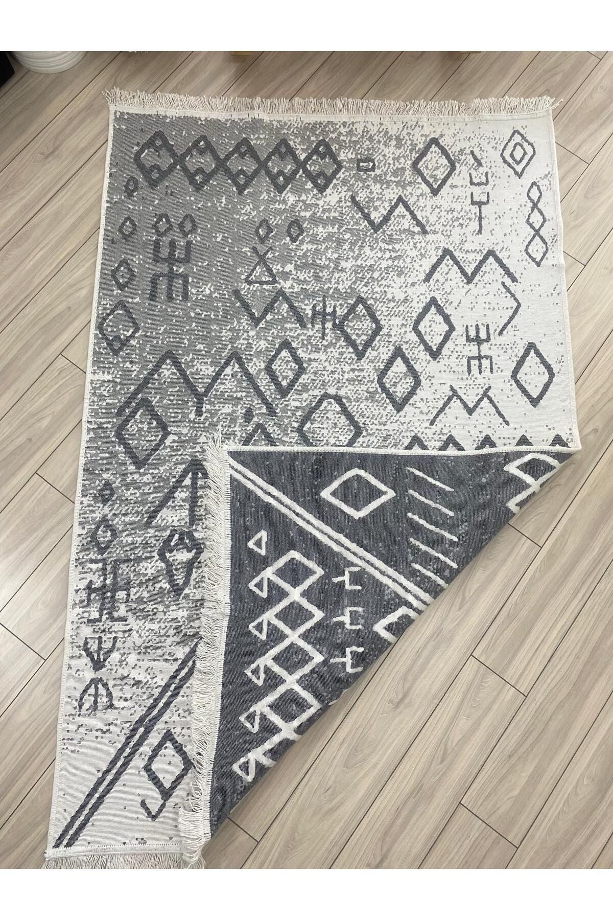 Stay With Love Double-Sided Kilim Cotton Woven Washable Scandinavian Pattern Rug, Runner Gray-White ASL23 3