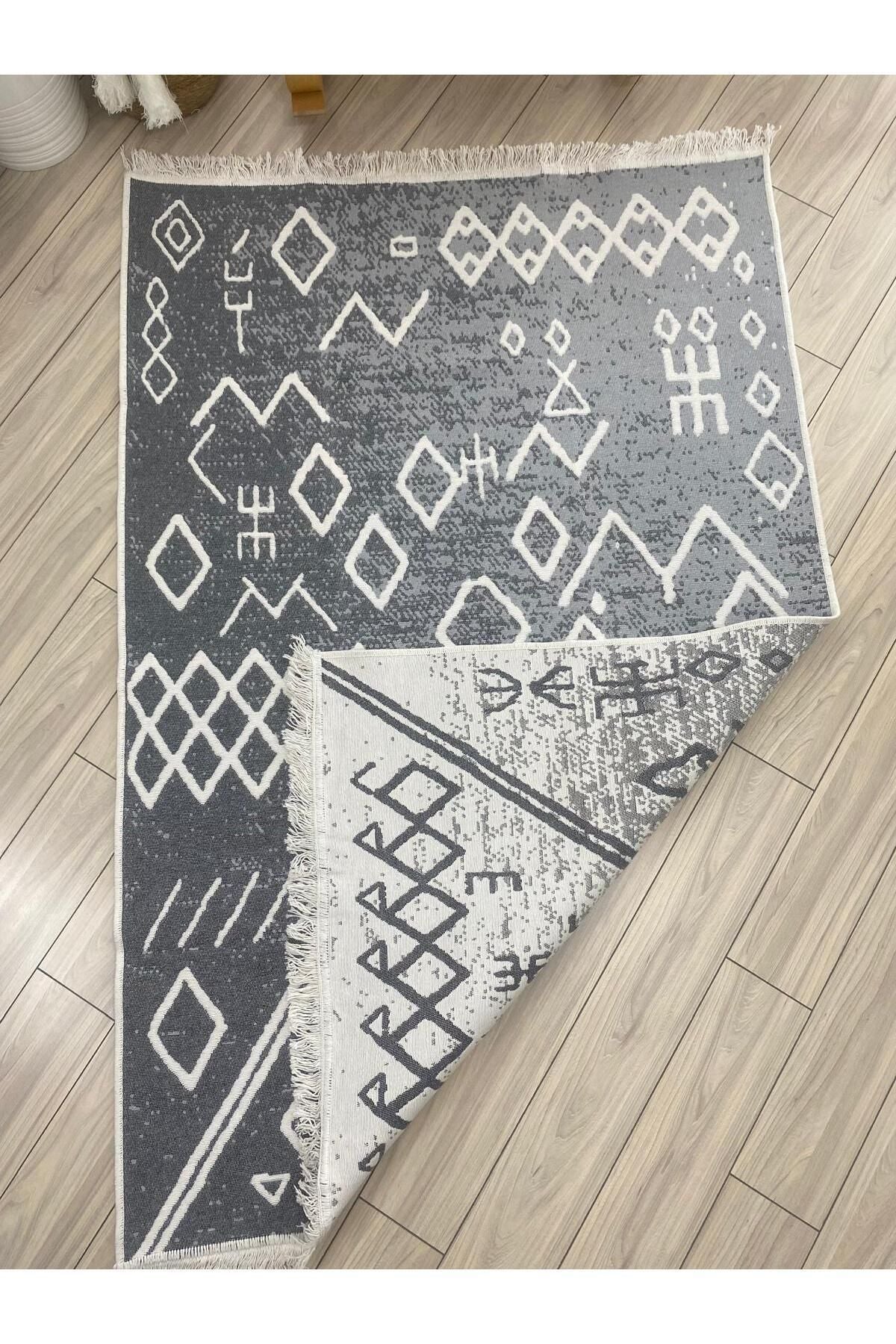 Stay With Love Double-Sided Kilim Cotton Woven Washable Scandinavian Pattern Rug, Runner Gray-White ASL23 4