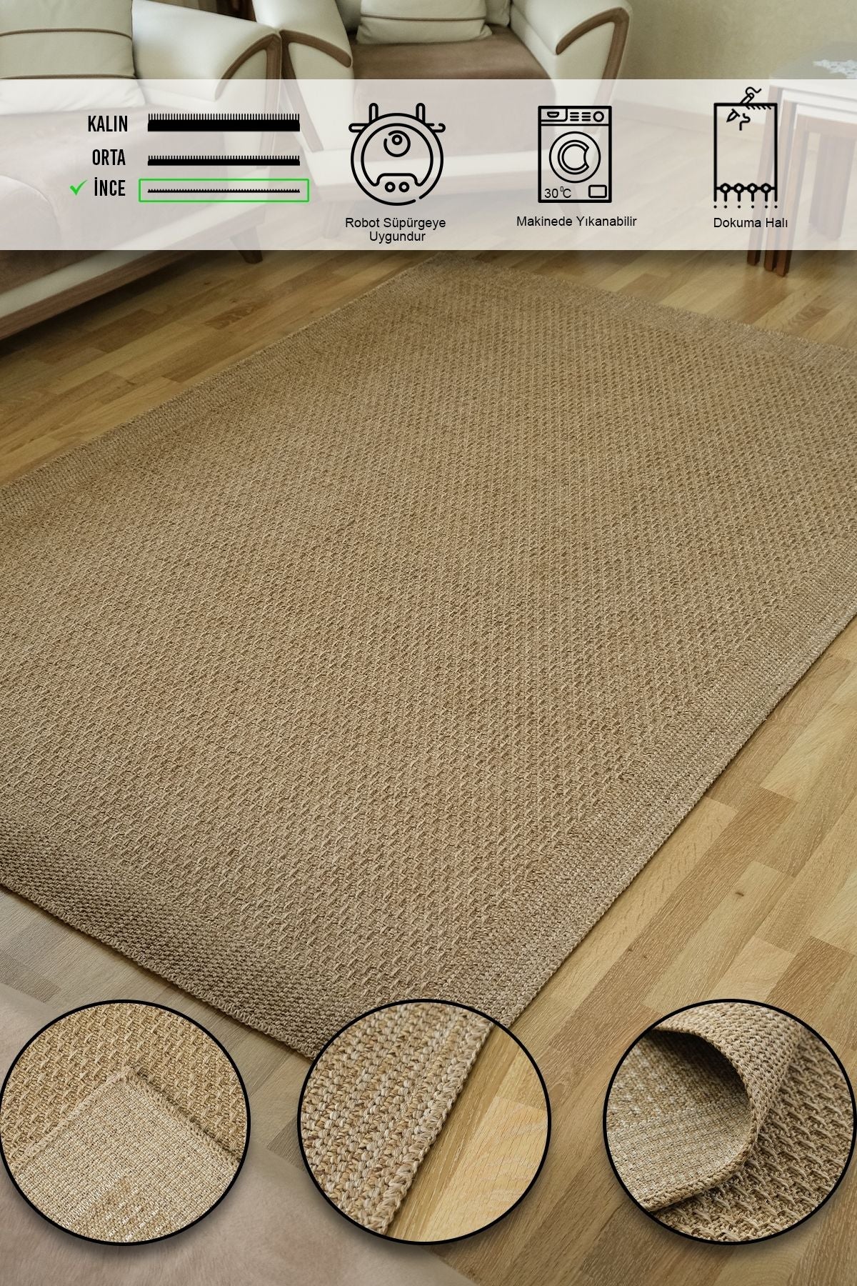 SİMEREV HALI HOME CONSEPT Bohemian Woven Modern Jute Non-Slip Washable Anti-Allergic Runner Rug 1