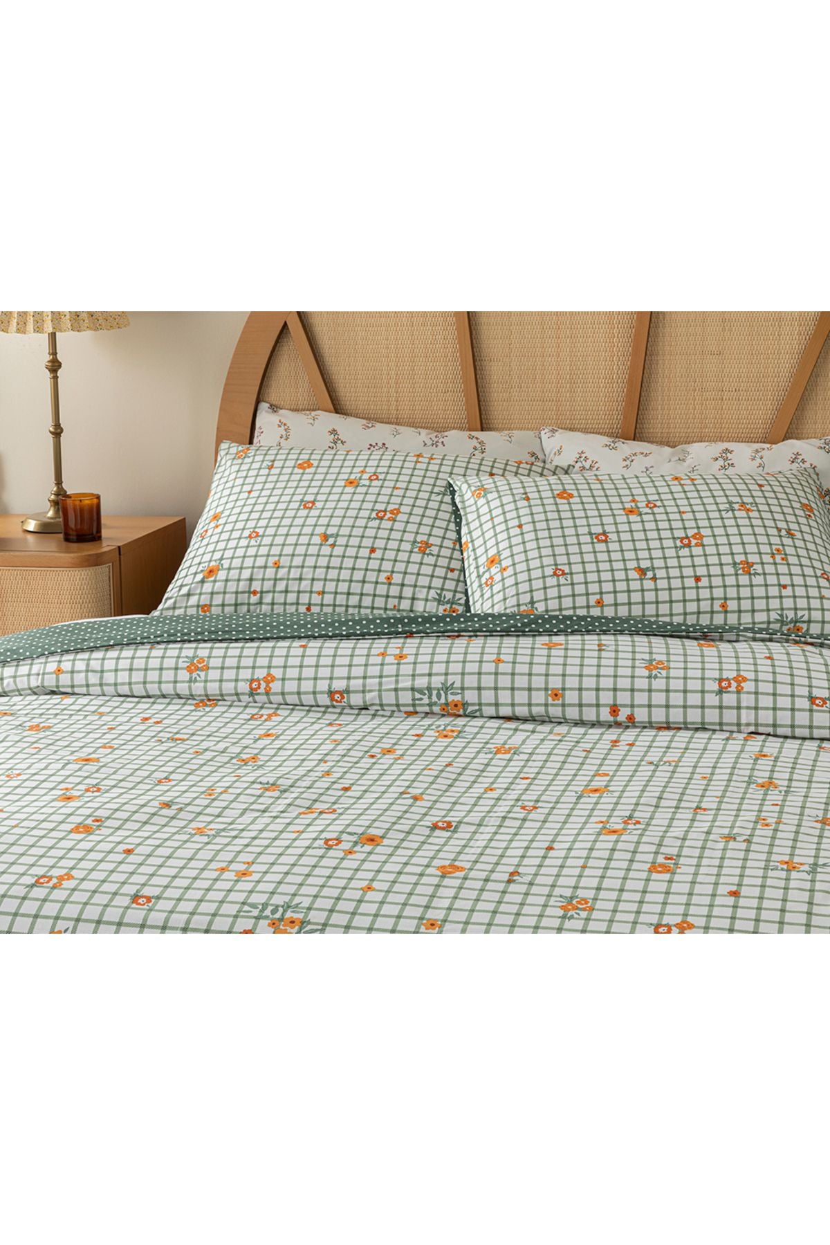 English Home Bloom Check Cotton Double Duvet Cover Set 200x220 Cm Green 3