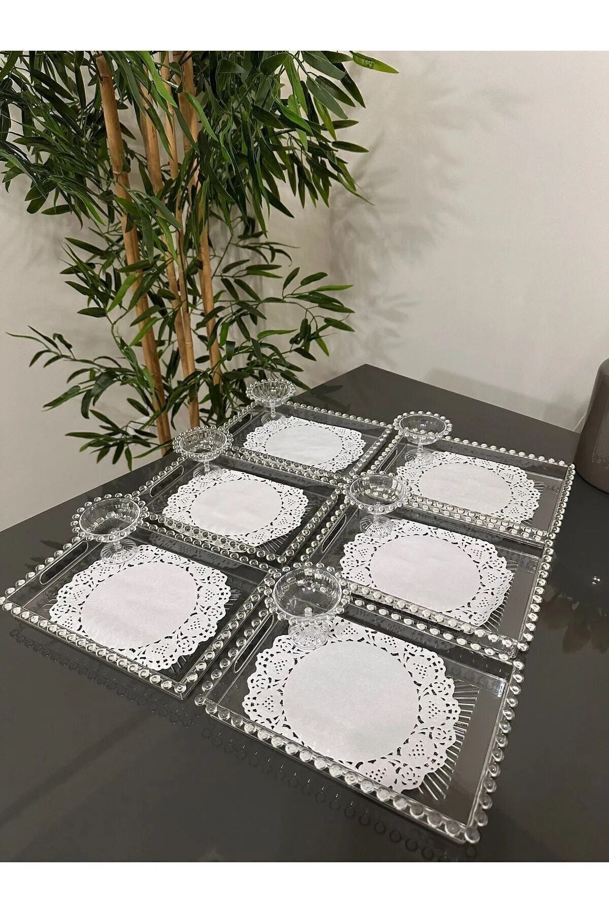 Doremcy 2 Pcs Crystal Square Beaded Transparent Serving Tray and Plate for Coffee and Tea 2