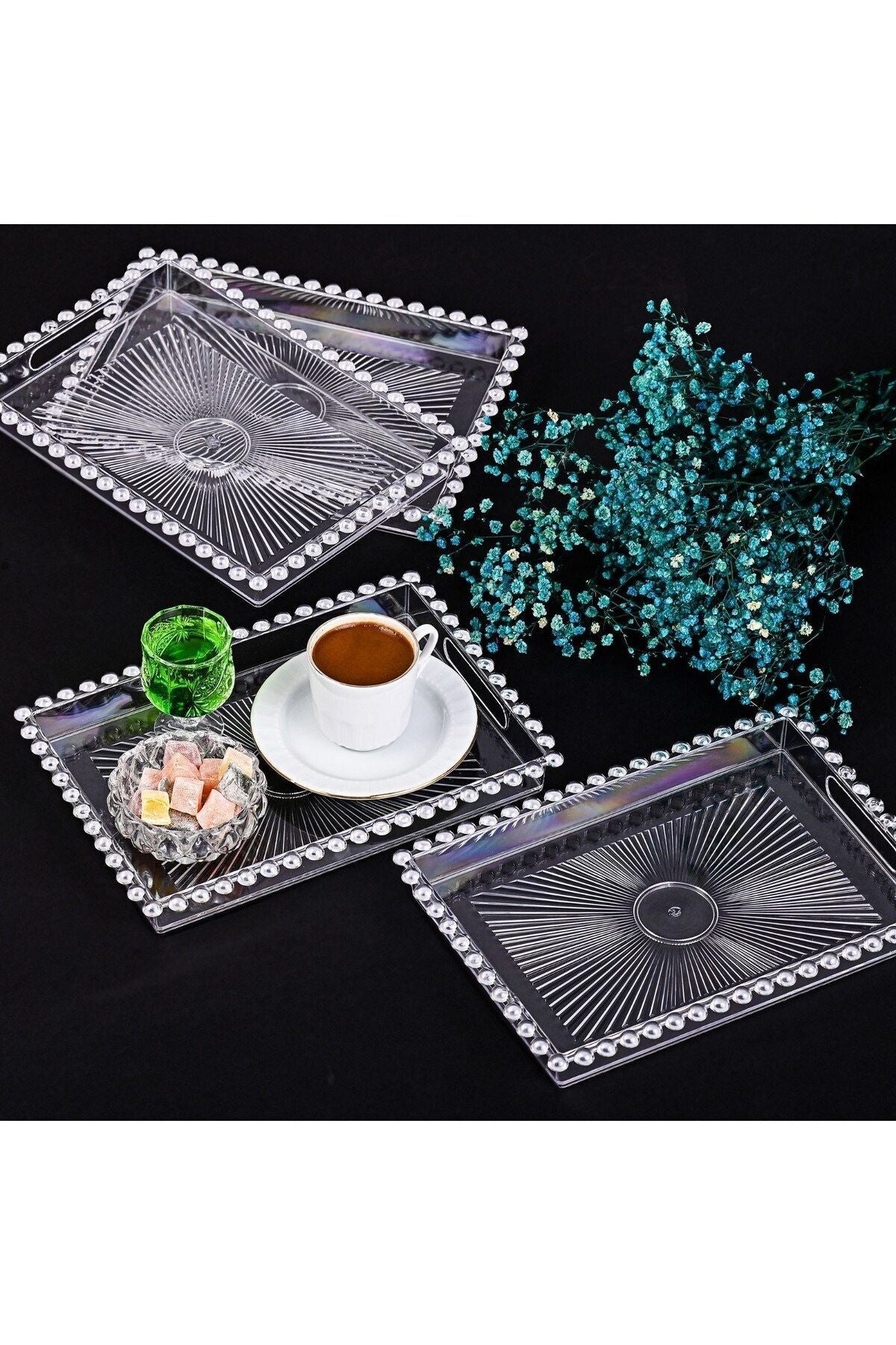 Doremcy 2 Pcs Crystal Square Beaded Transparent Serving Tray and Plate for Coffee and Tea 3