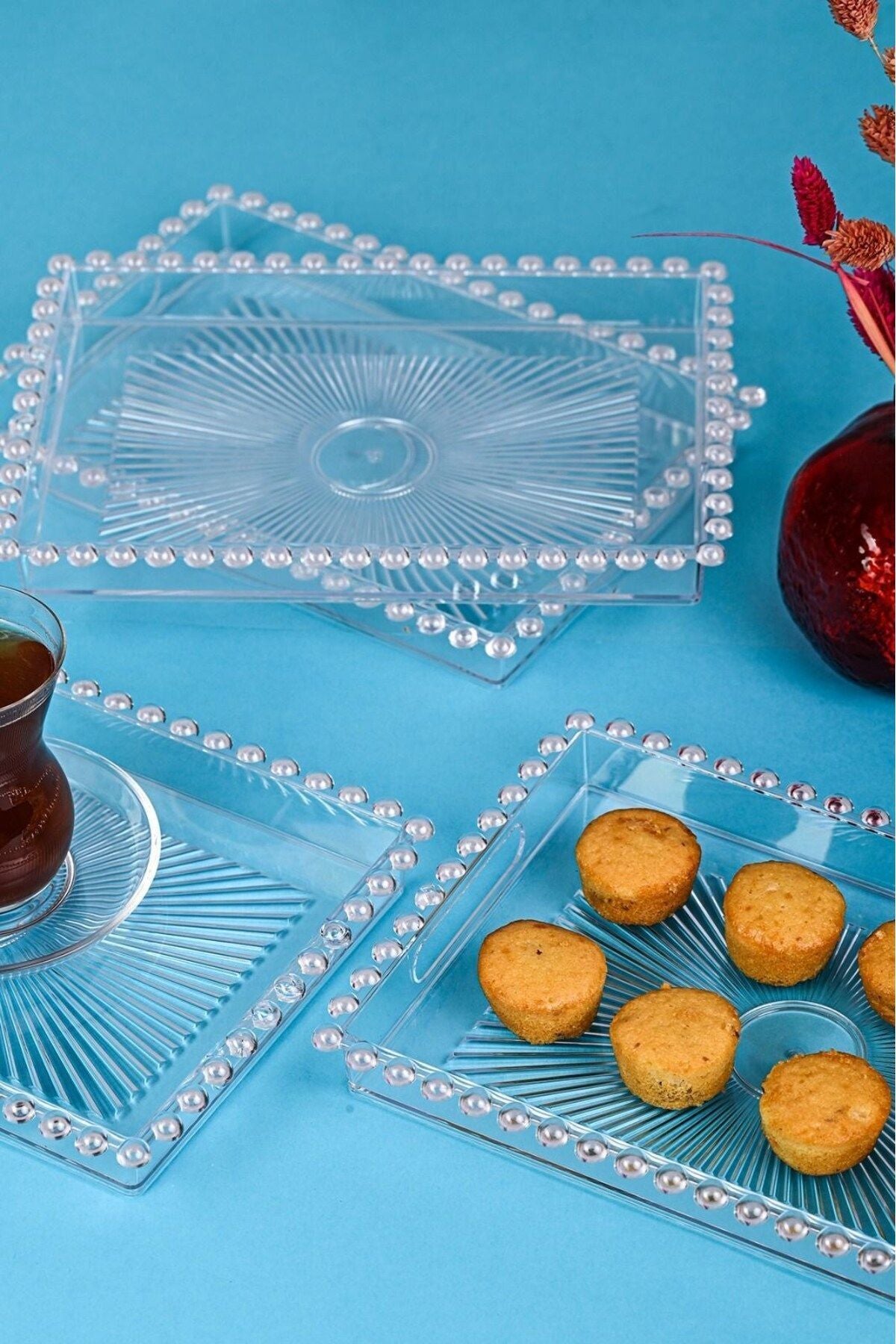 Doremcy 2 Pcs Crystal Square Beaded Transparent Serving Tray and Plate for Coffee and Tea 4