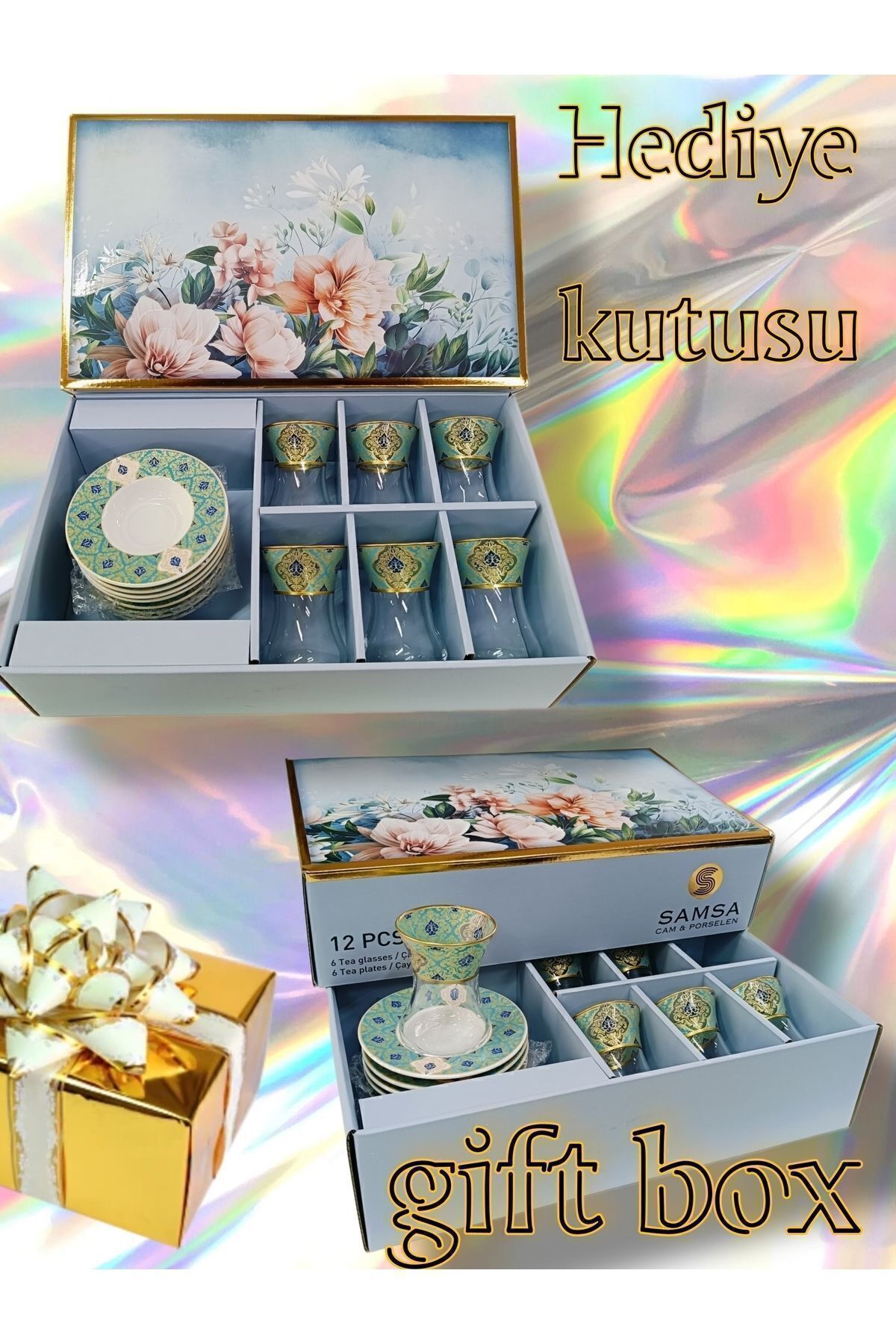 SAMSA Golden Green Pattern Embroidered Tea Set For 6 Persons Premium Porcelain 4