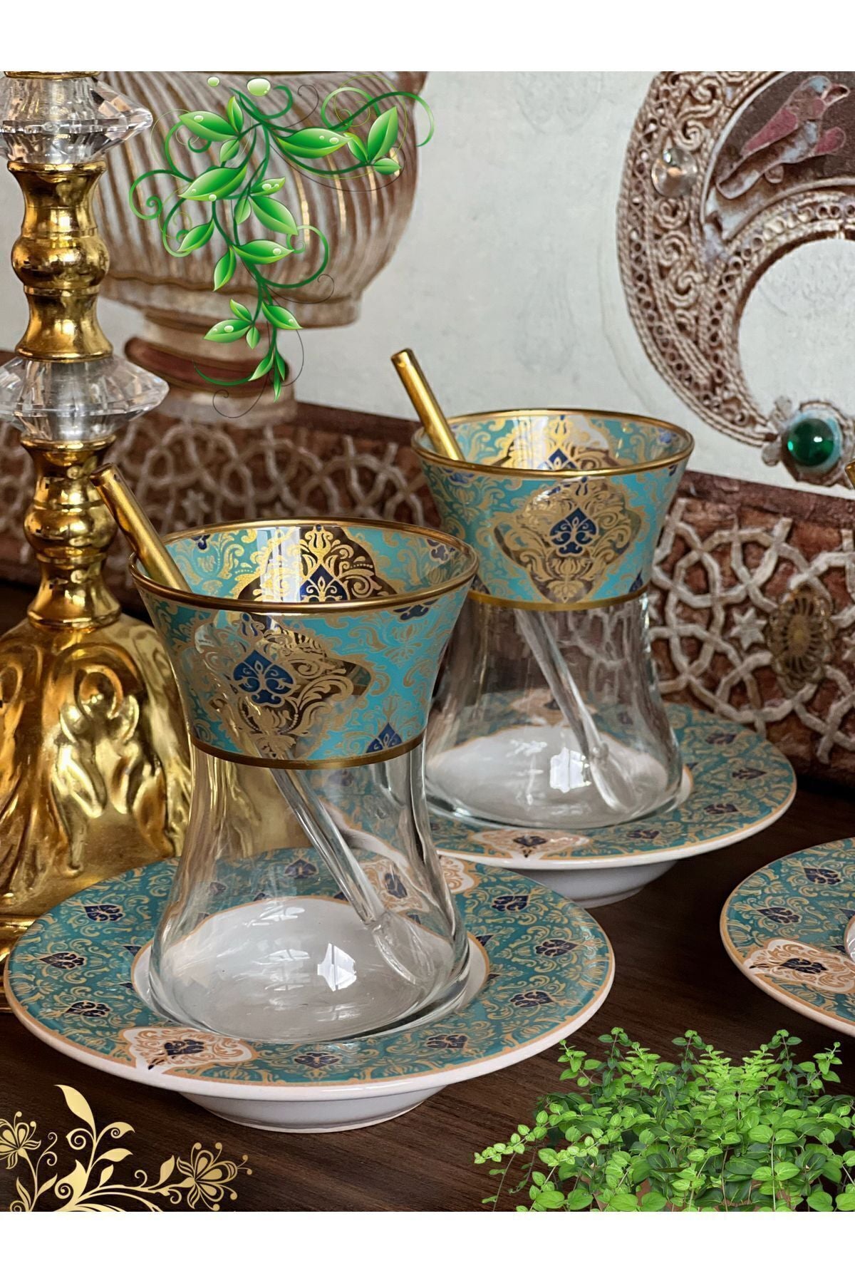 SAMSA Golden Green Pattern Embroidered Tea Set For 6 Persons Premium Porcelain 7