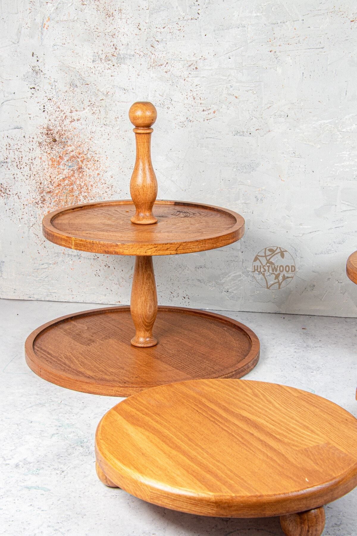 Kitchen Trend Justwood 4-Piece 2-Tier Cake Stand, 25 Cm Cake Stand, 25 Cm Risus, 17x25 Small Wooden Dowry Set 2