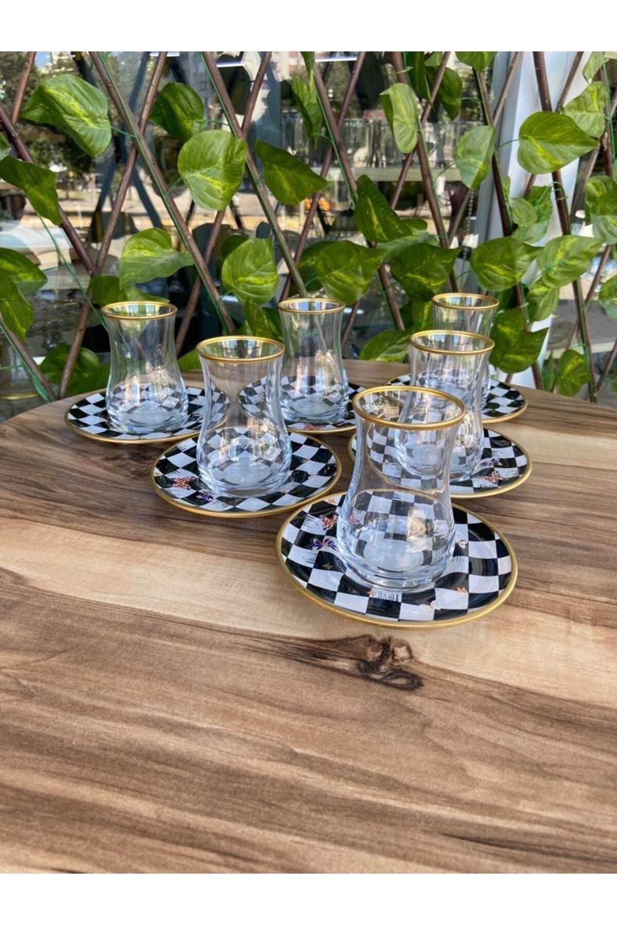 GÜRCÜGLASS Checkered Butterfly Tea Set 12 Pieces 2