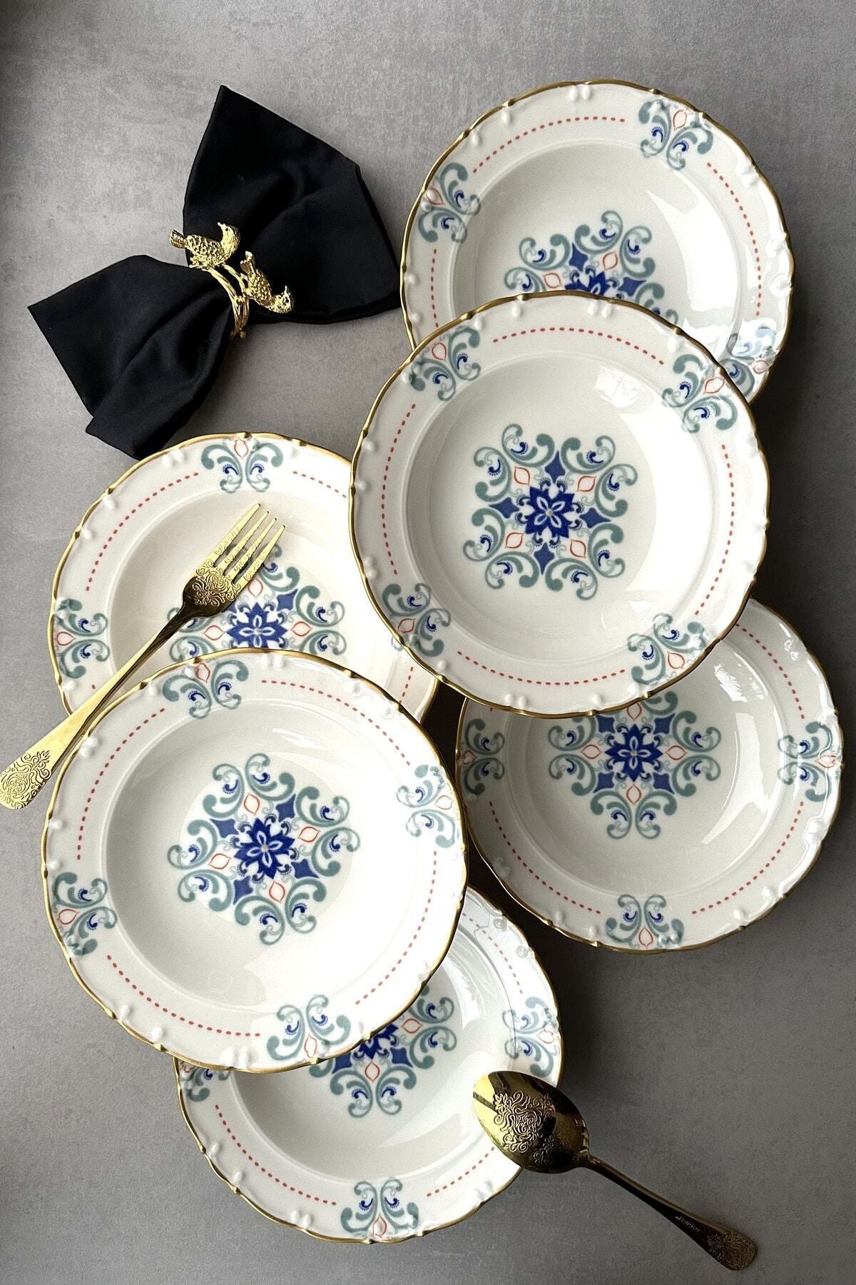 Porselenden Elizabeth Gold Gilded 21 Cm 6-Person Porcelain Cream Retro Floral 6-Piece Deep Dinner Plate Set 3