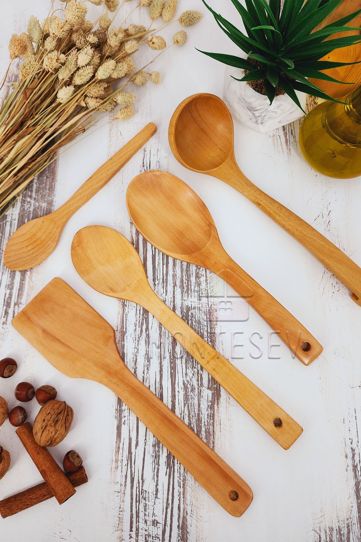 MONTESEV Wooden Kitchen Spoon Set 5 Pieces Beech, Boxwood, And Bamboo Wood Spoons 1