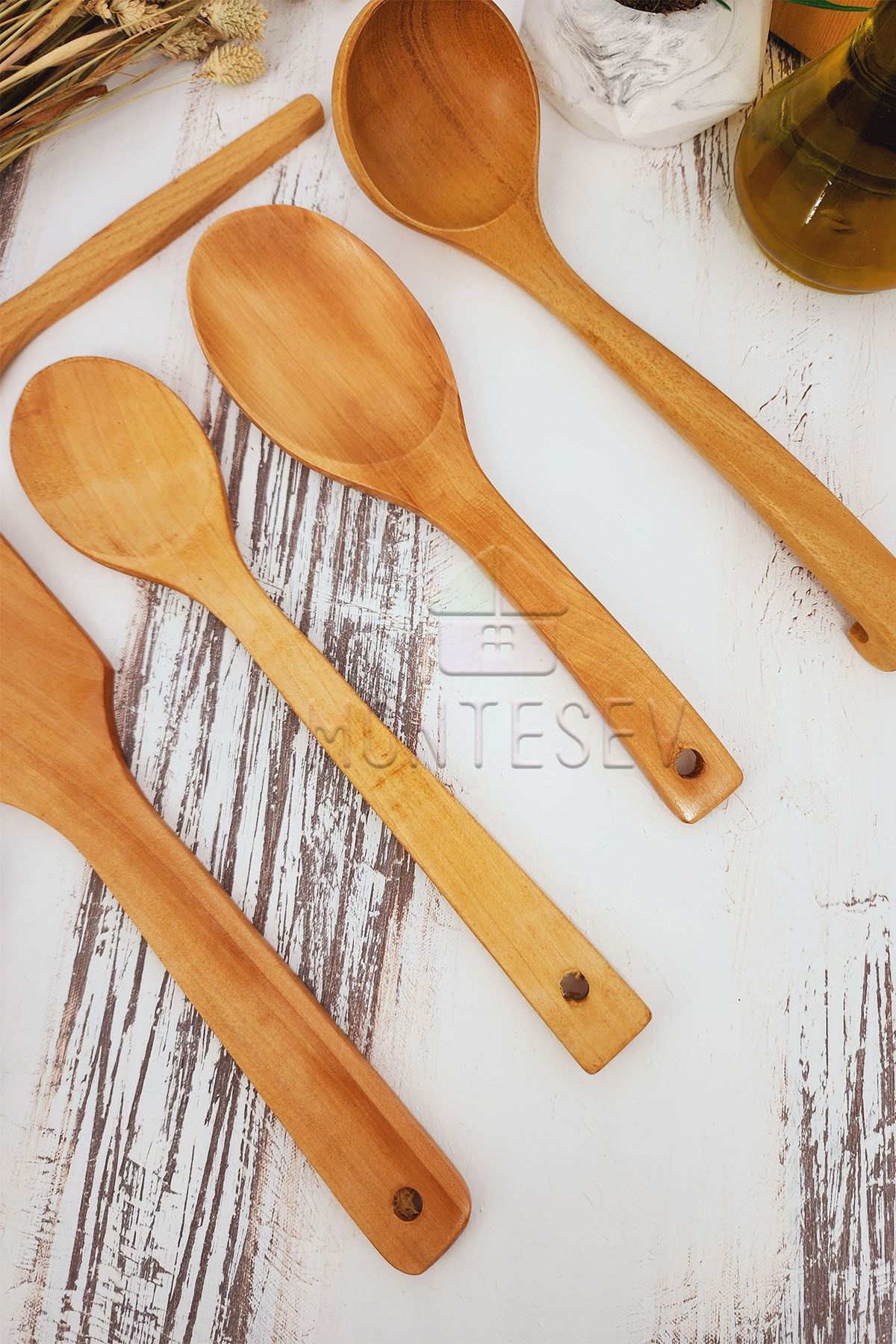 MONTESEV Wooden Kitchen Spoon Set 5 Pieces Beech, Boxwood, And Bamboo Wood Spoons 3