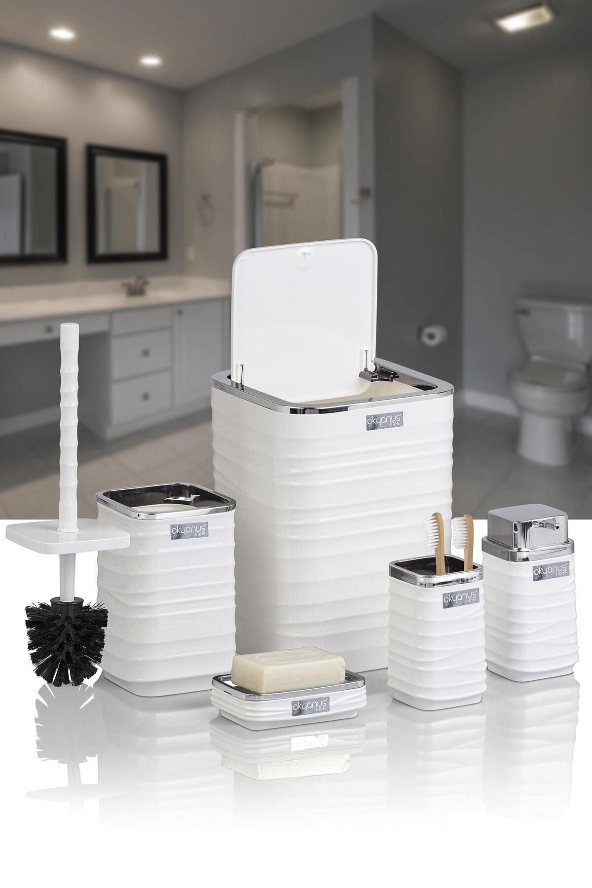 Okyanus Home Luna White Chrome Square 5-Piece Bathroom Set 2