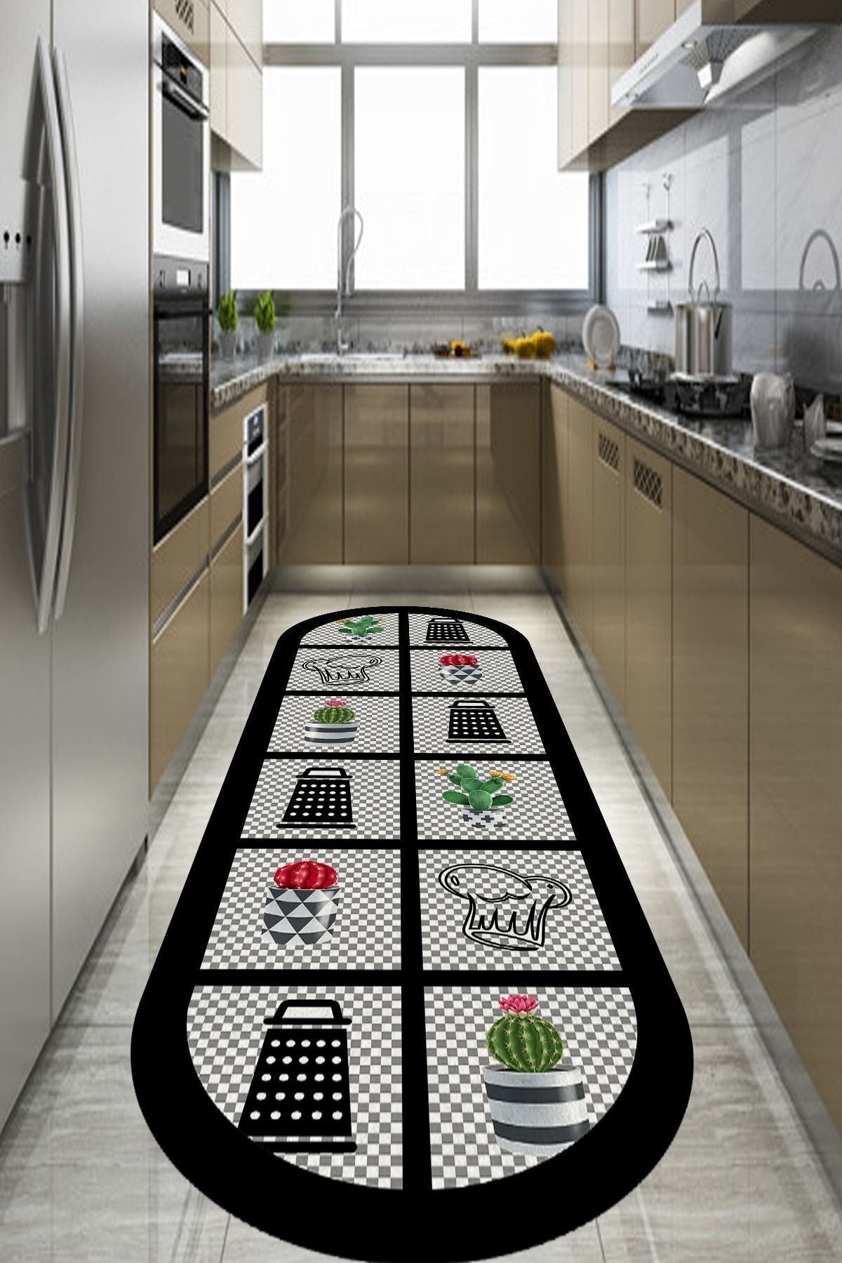 Cappio Hali Dama Patterned Oval Kitchen Rug Machine Washable Non-Slip Leather Base - Cp398 1