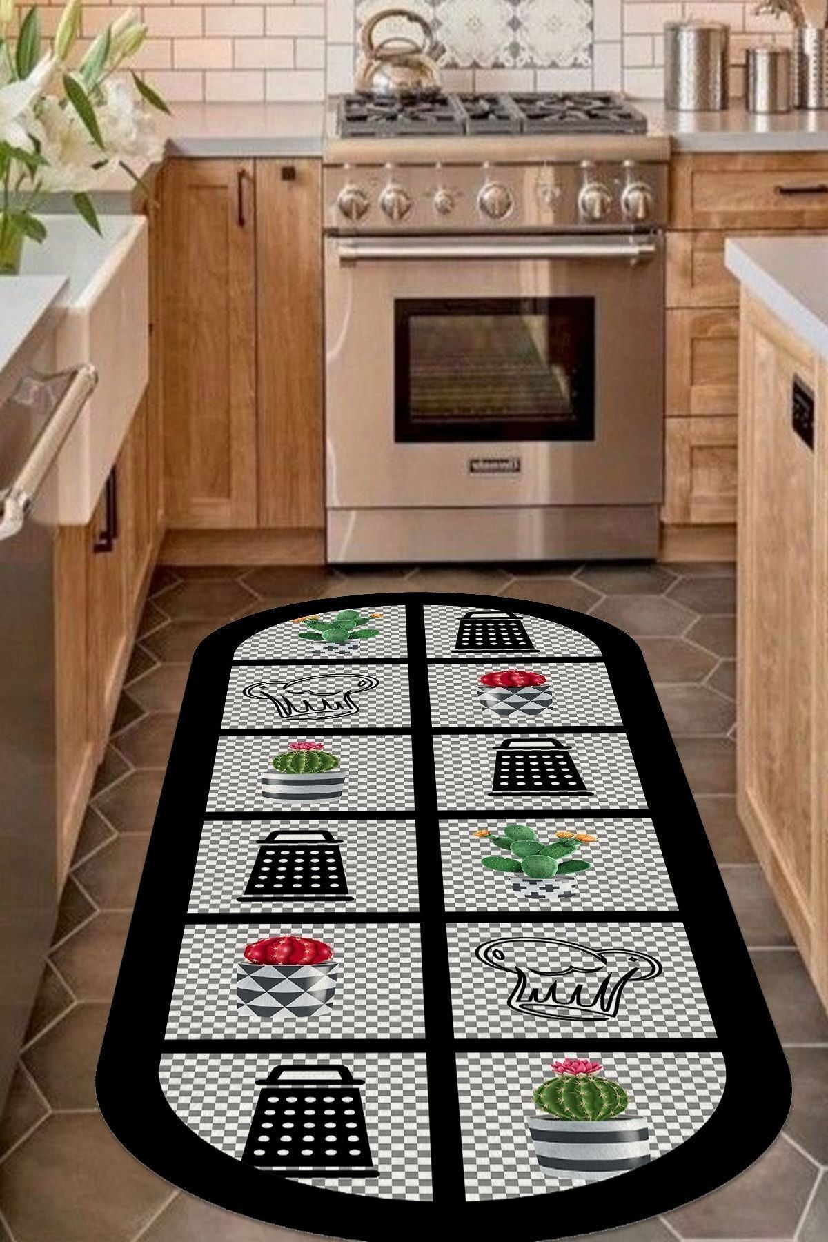 Cappio Hali Dama Patterned Oval Kitchen Rug Machine Washable Non-Slip Leather Base - Cp398 2