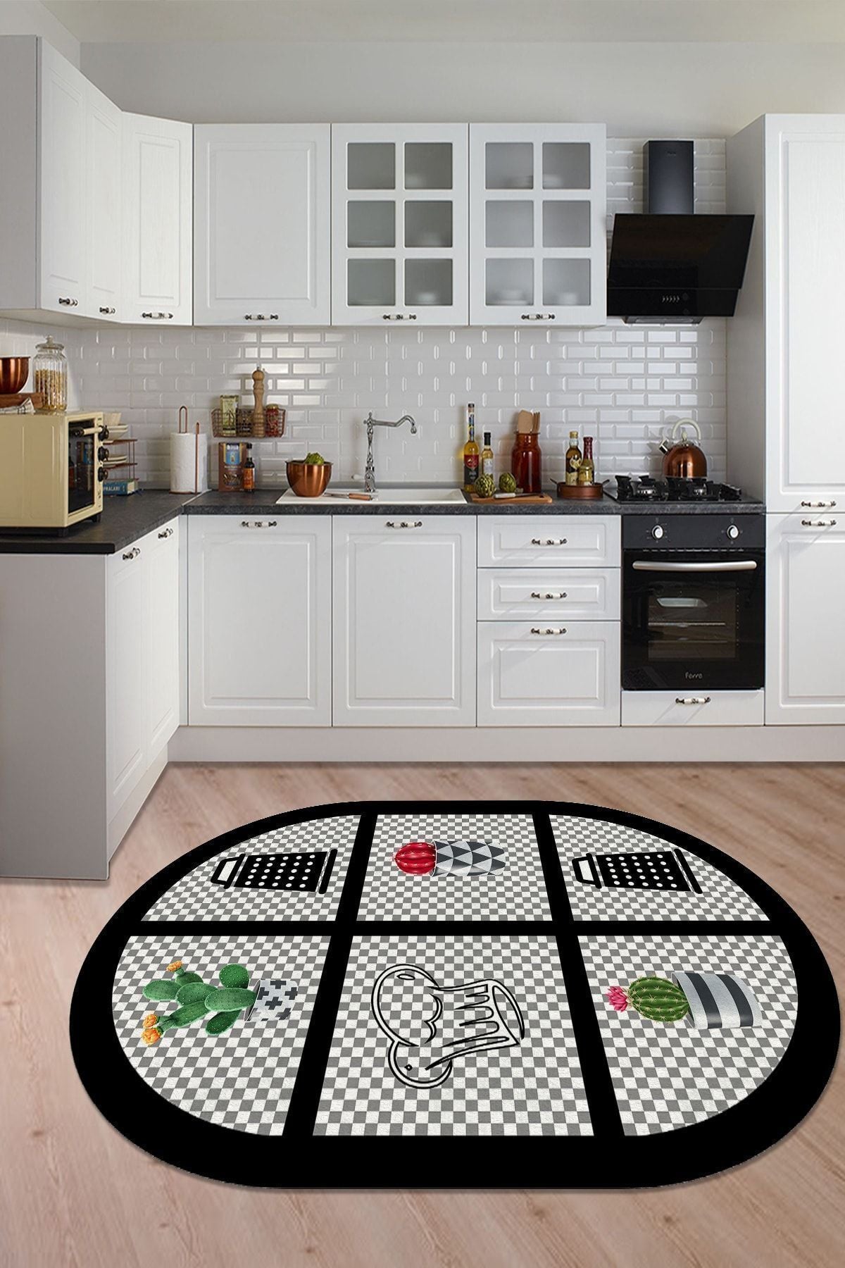 Cappio Hali Dama Patterned Oval Kitchen Rug Machine Washable Non-Slip Leather Base - Cp398 4