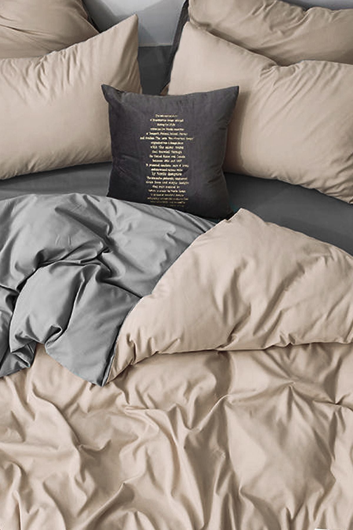 İQON Elastic Fitted Sheet Duvet Cover Set Double Size Beige - Gray 3