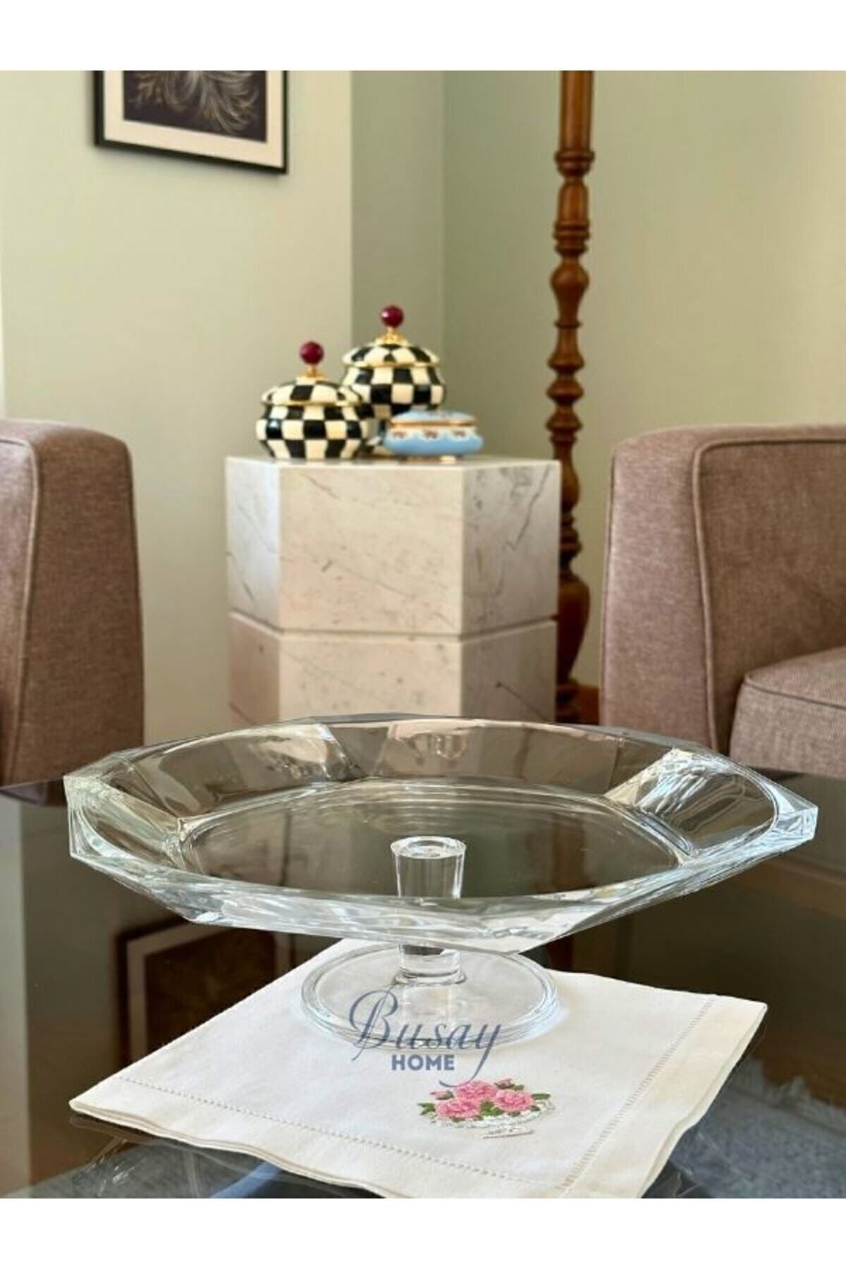 Paşabahçe Busayhome Nude Reflection Series Glass Crystal Pedestal Serving Plate, Presentation Plate, Serving Plate 32x9.6 Cm 1