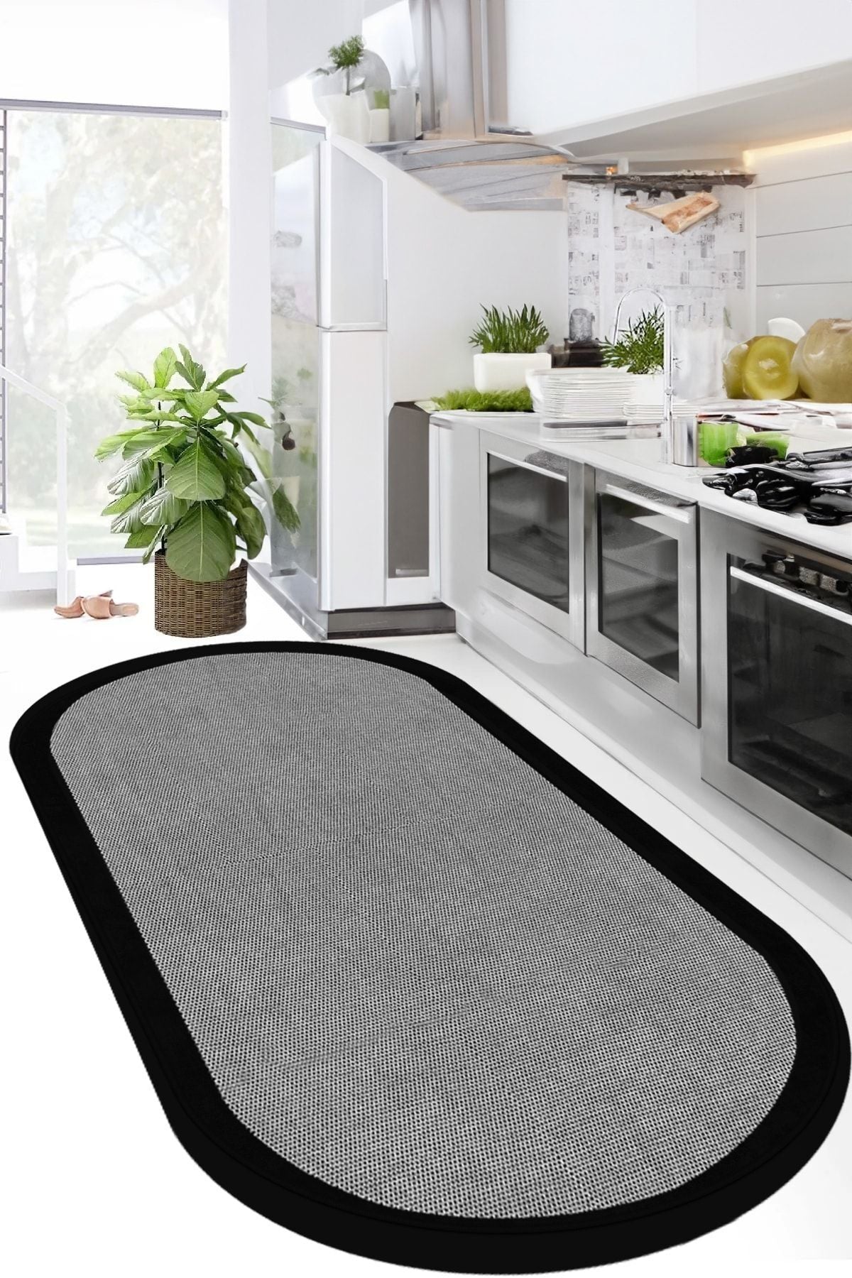 Decomia Home Digital Non-Slip Gray Jute-Like Oval Black Framed Kitchen Rug Living Room Rug Runner 1