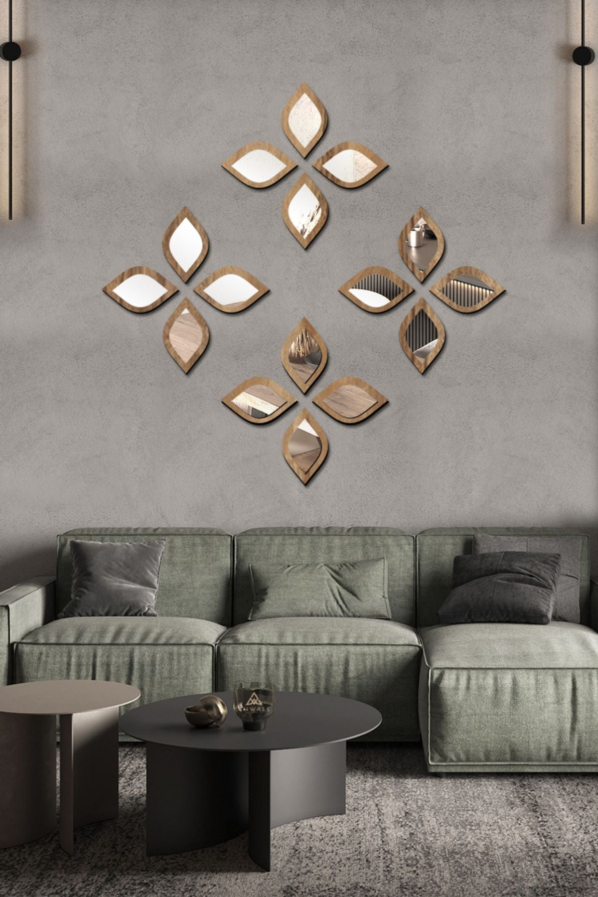 AHWALL WOODWORKING Su Damlası Decorative Mirror Set Wooden 16 Pieces Plexi Mirror, Wood Patterned - Silver 2