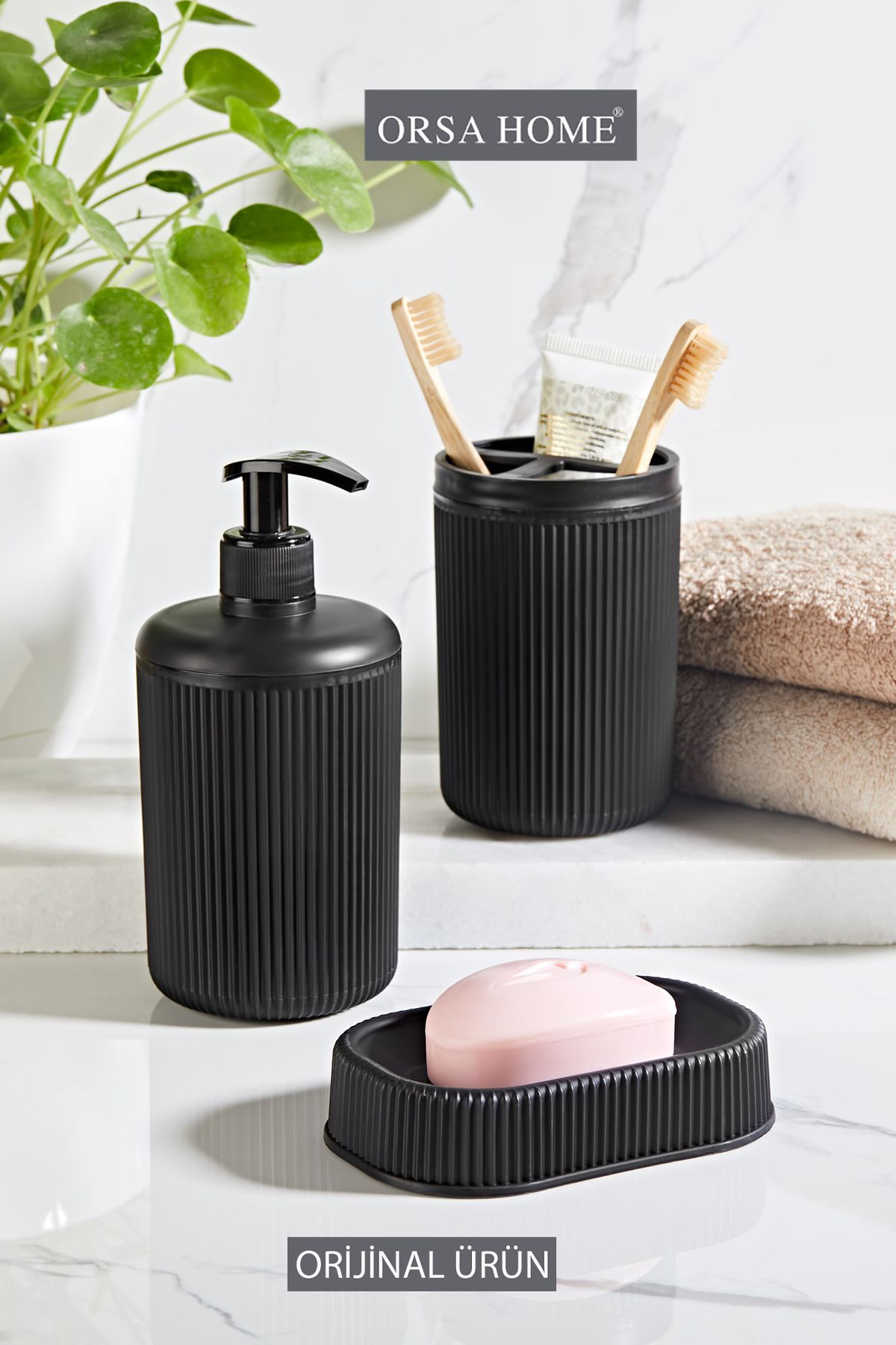 ORSA HOME Striped Pattern Black 3-Piece Bathroom Set Soap Dish Toothbrush Holder Liquid Soap Dispenser 206 1