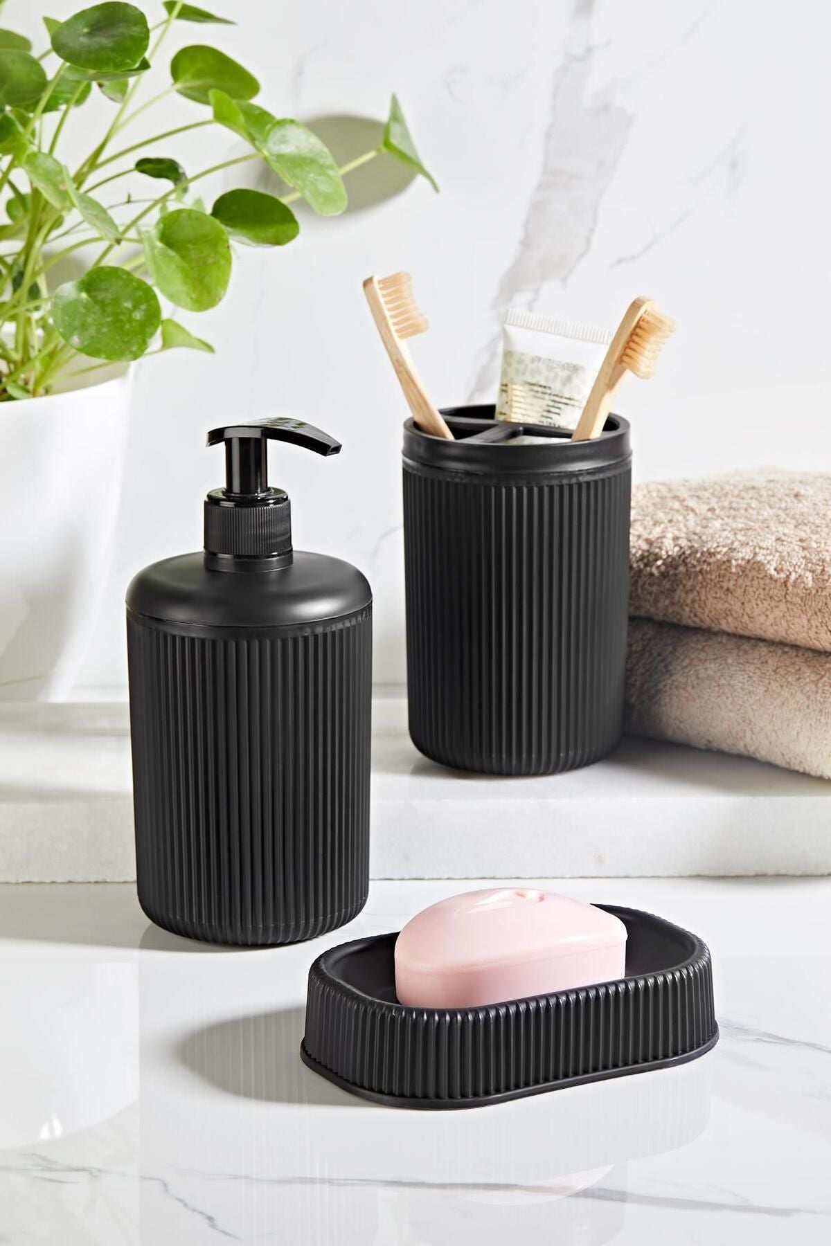 ORSA HOME Striped Pattern Black 3-Piece Bathroom Set Soap Dish Toothbrush Holder Liquid Soap Dispenser 206 2