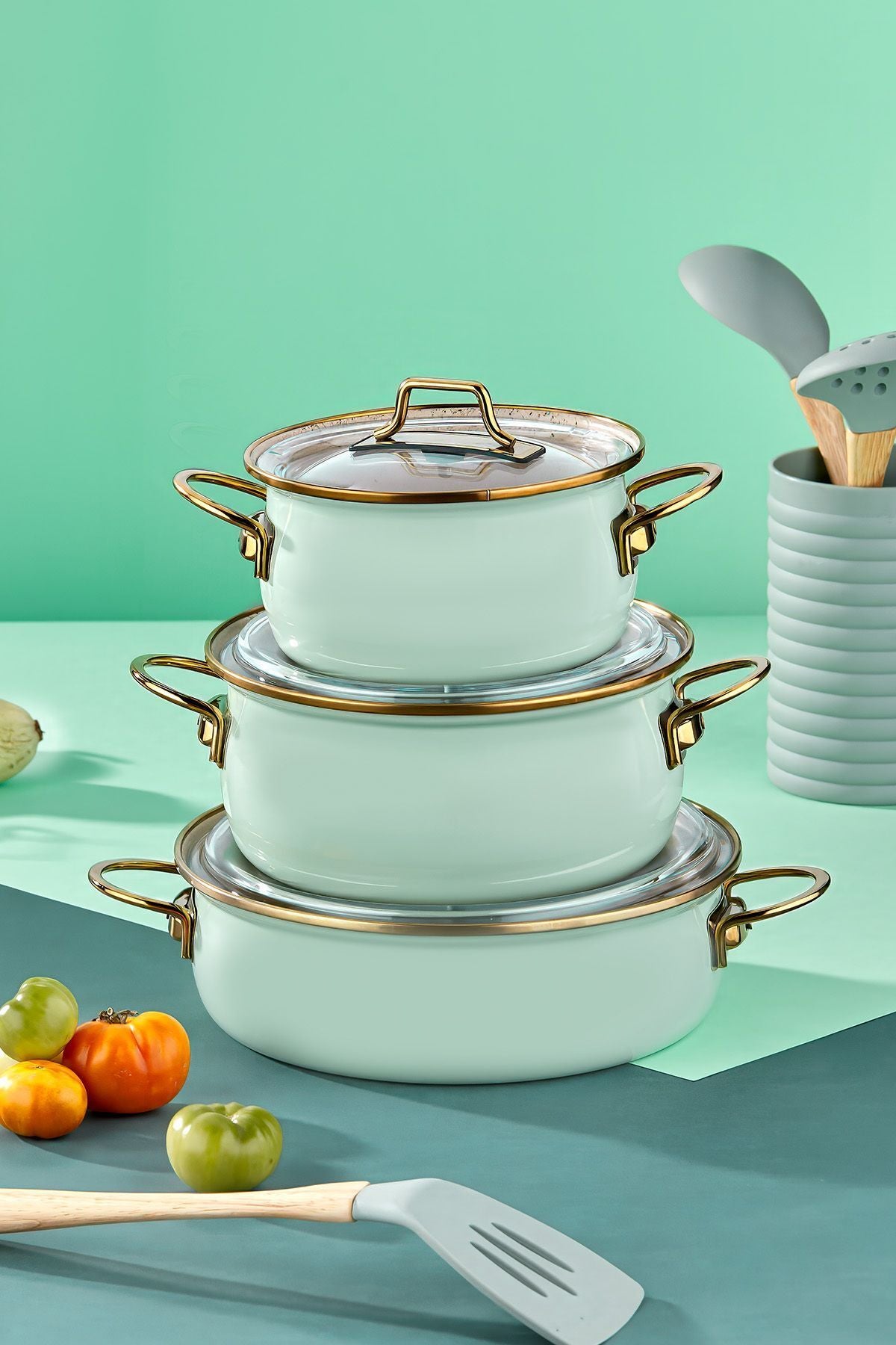 Bonera Enamel Vintage Casserole 6 Pcs Set (16-20 TEN.22 KRY) Water Green-emy 2402 1