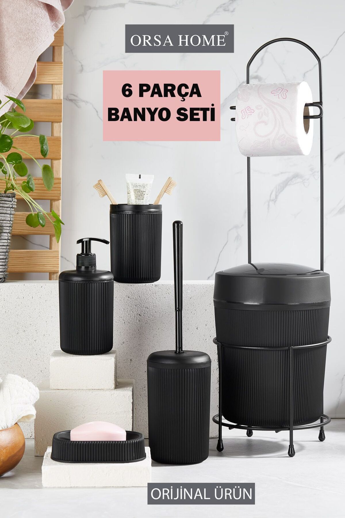 ORSA HOME 6 Piece Black Bathroom Set with Metal Stand, Toilet Paper Holder, Bin Brush, Solid-Liquid Soap Dispenser, Toothbrush Holder 1