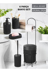 ORSA HOME 6 Piece Black Bathroom Set with Metal Stand, Toilet Paper Holder, Bin Brush, Solid-Liquid Soap Dispenser, Toothbrush Holder 5