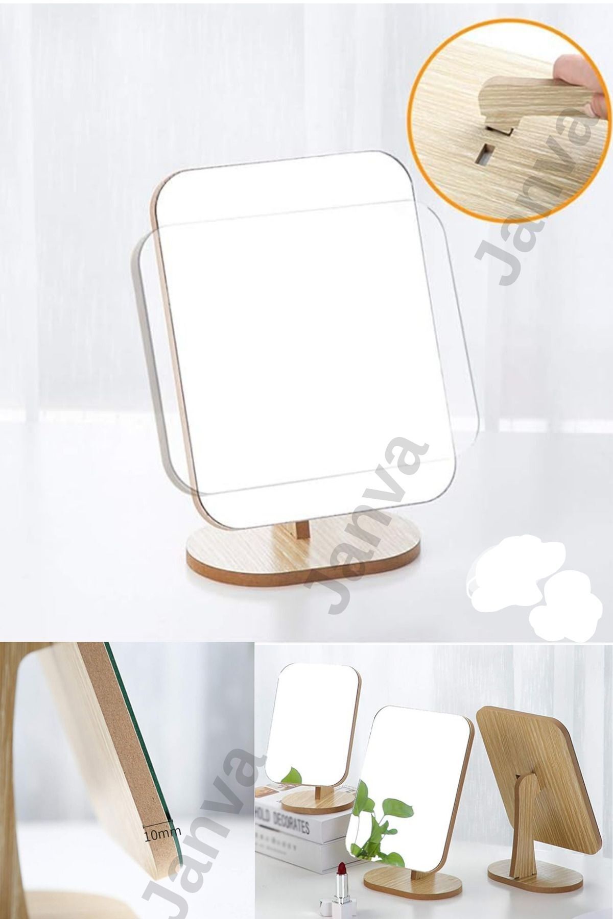 Janva Hand Mirror Desk Mirror Makeup Mirror Adjustable Square Makeup Mirror 22cm Wooden 1