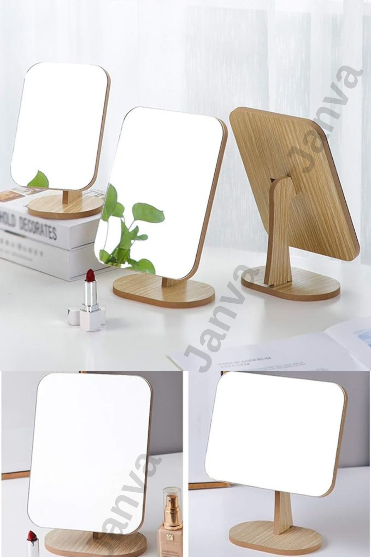 Janva Hand Mirror Desk Mirror Makeup Mirror Adjustable Square Makeup Mirror 22cm Wooden 2