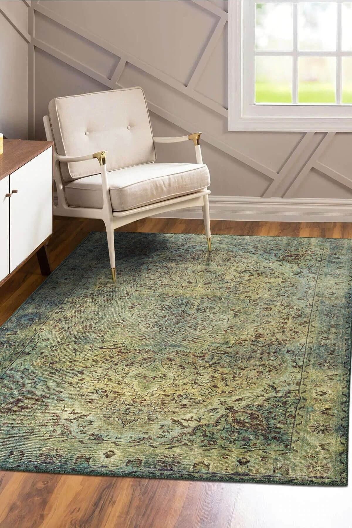 ARTLOOP Blues Chenille Vintage Patterned Woven Base Decorative Green Rug (AL 23) 1