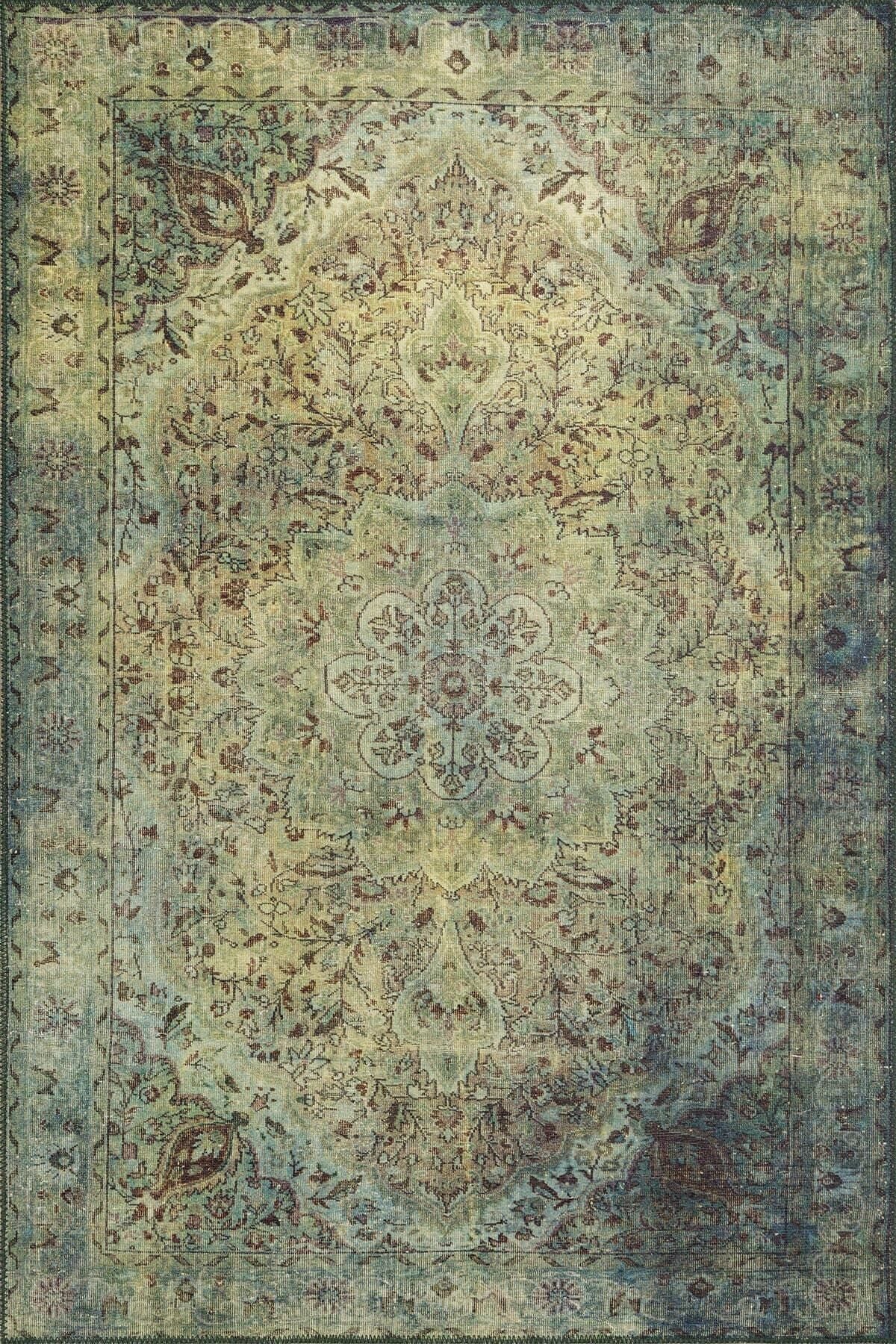 ARTLOOP Blues Chenille Vintage Patterned Woven Base Decorative Green Rug (AL 23) 2