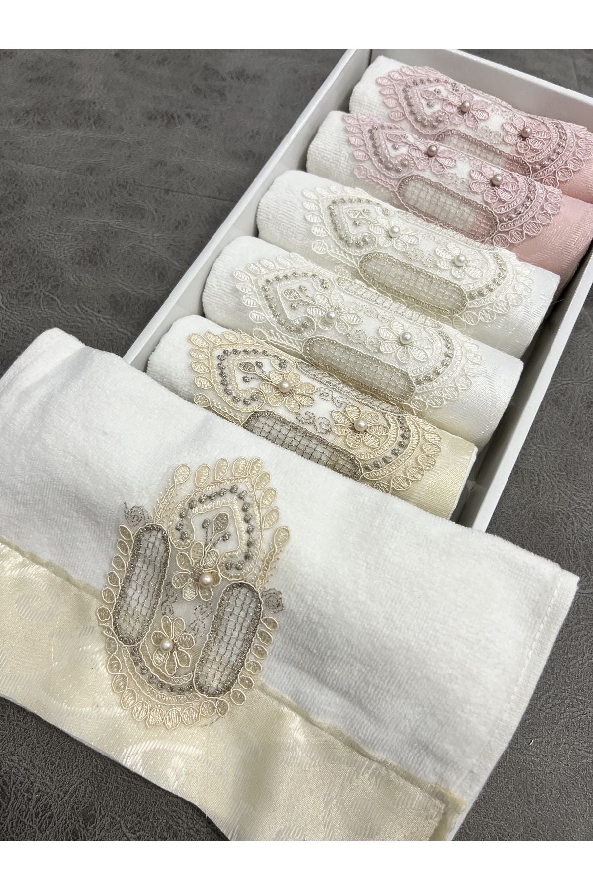 AYHANHOME 6-Piece Lace Satin Embroidered Boxed Bridal 30x50 Kitchen Towel Set 1