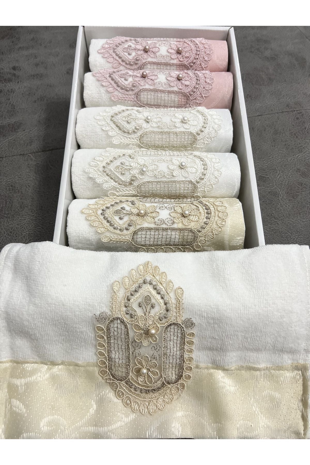 AYHANHOME 6-Piece Lace Satin Embroidered Boxed Bridal 30x50 Kitchen Towel Set 5