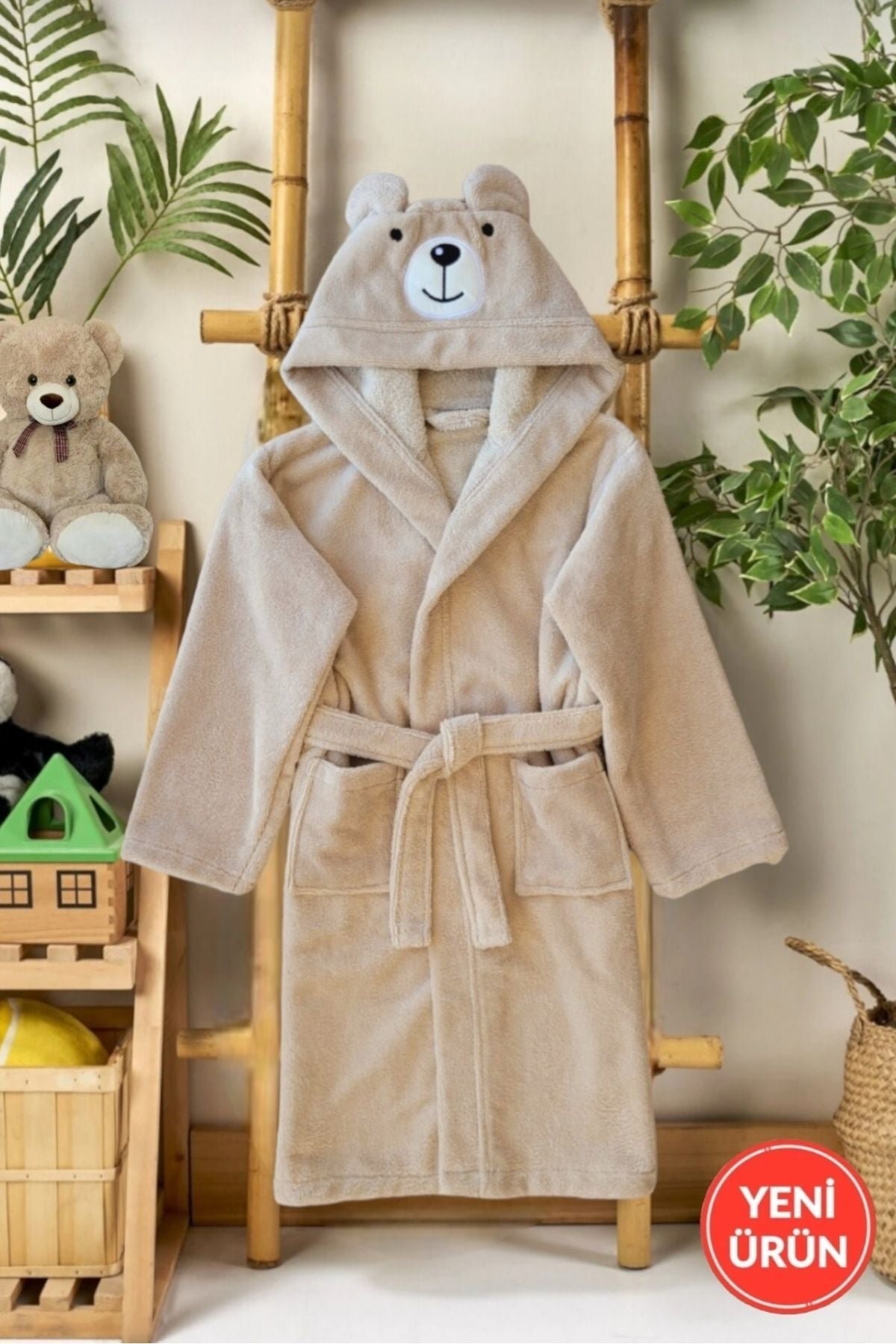 PAMUK HANIM Hooded Cotton Soft Unisex Kids Bathrobe Beige/Teddy Bear 5