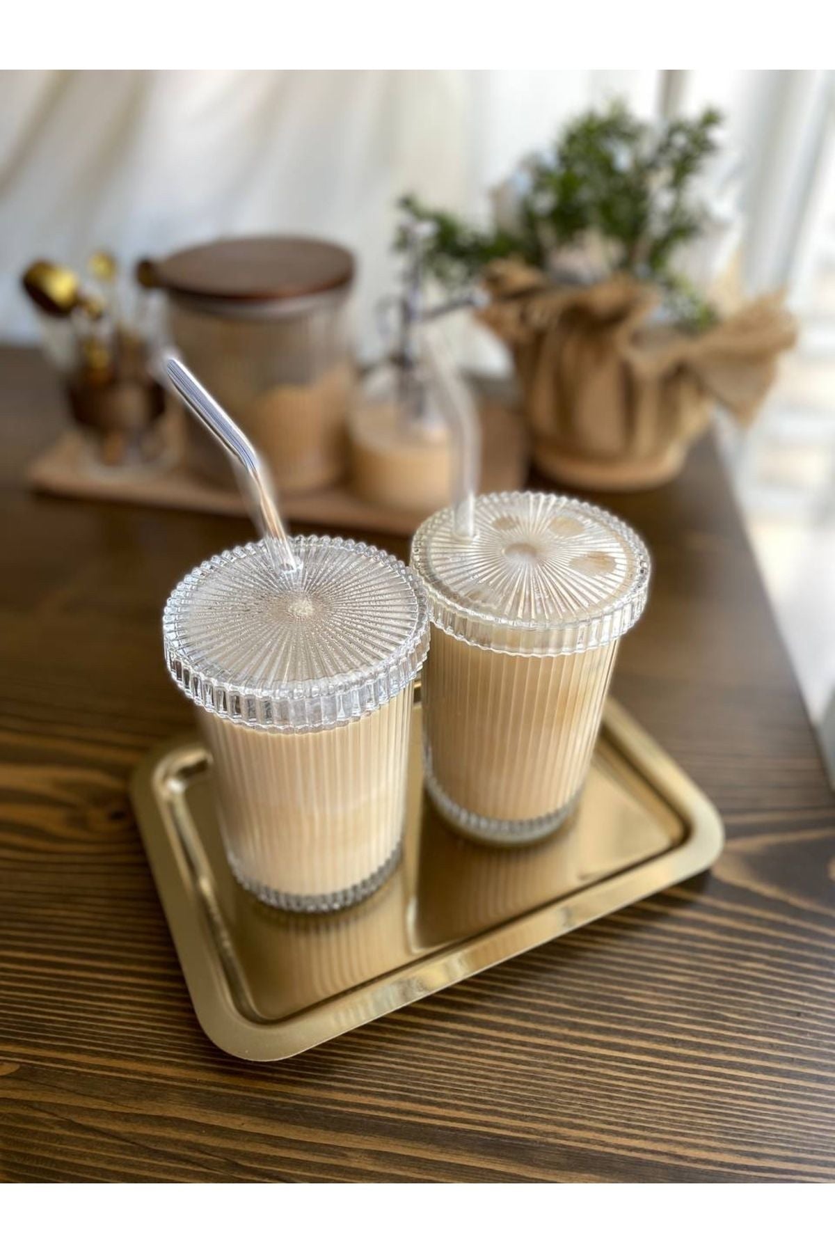 KÜÇÜK EW 2 Pcs 350 Ml Glass Lid Straw Origami Style Glass Cup | Coffee And Serving Cup | Beverage Cup 4