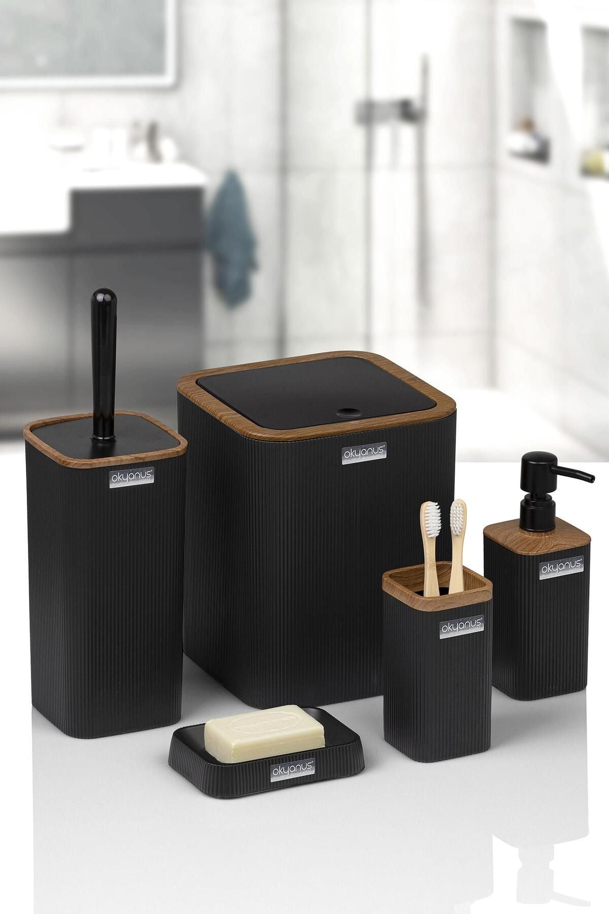 Okyanus Home Mina Black Wood Patterned Striped Square 5-Piece Bathroom Set 3