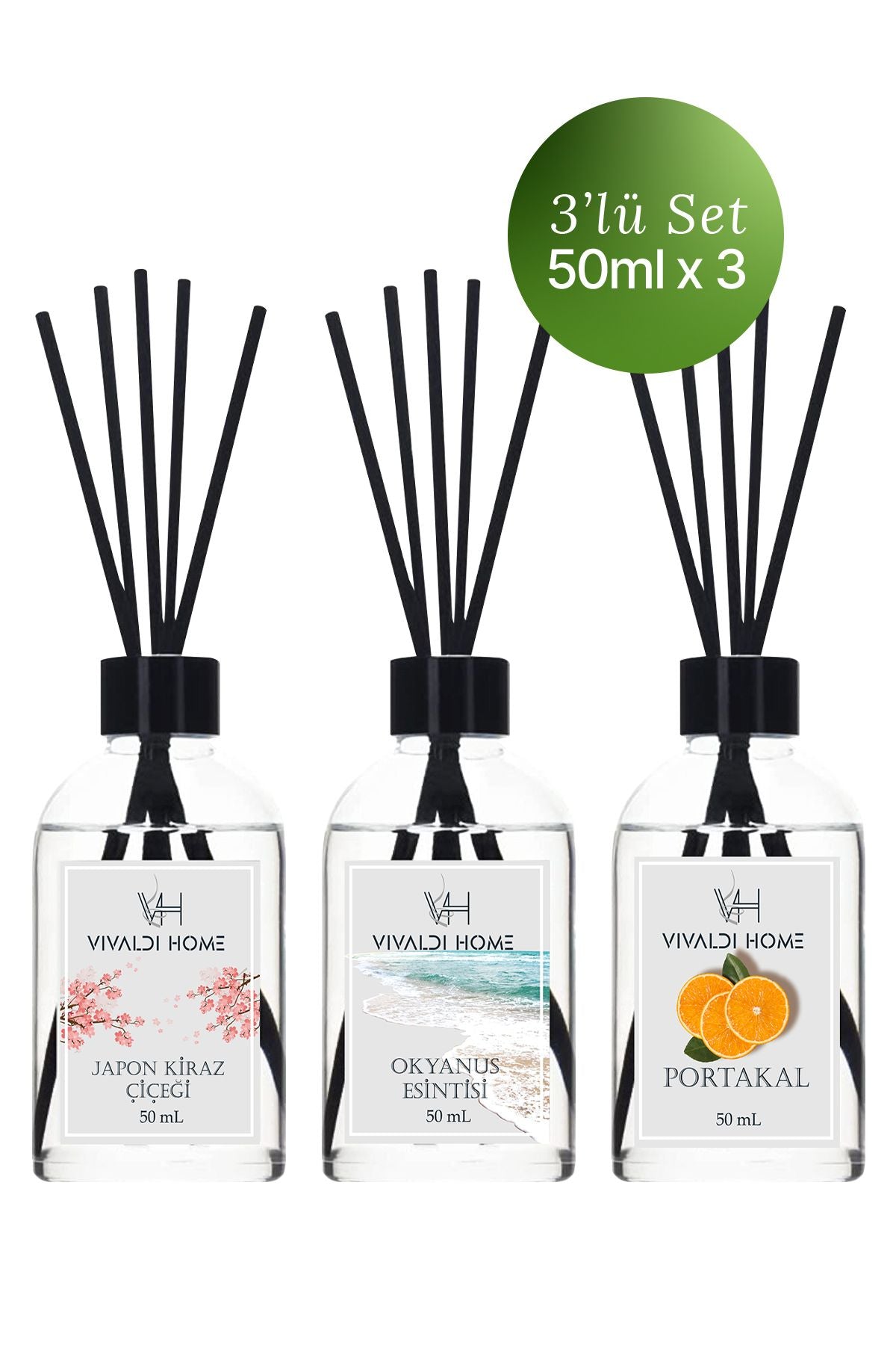 Vivaldi Home Japanese Cherry Blossom, Ocean Breeze, Orange Reed Diffuser Essential Oil 50ml x3 Set 1