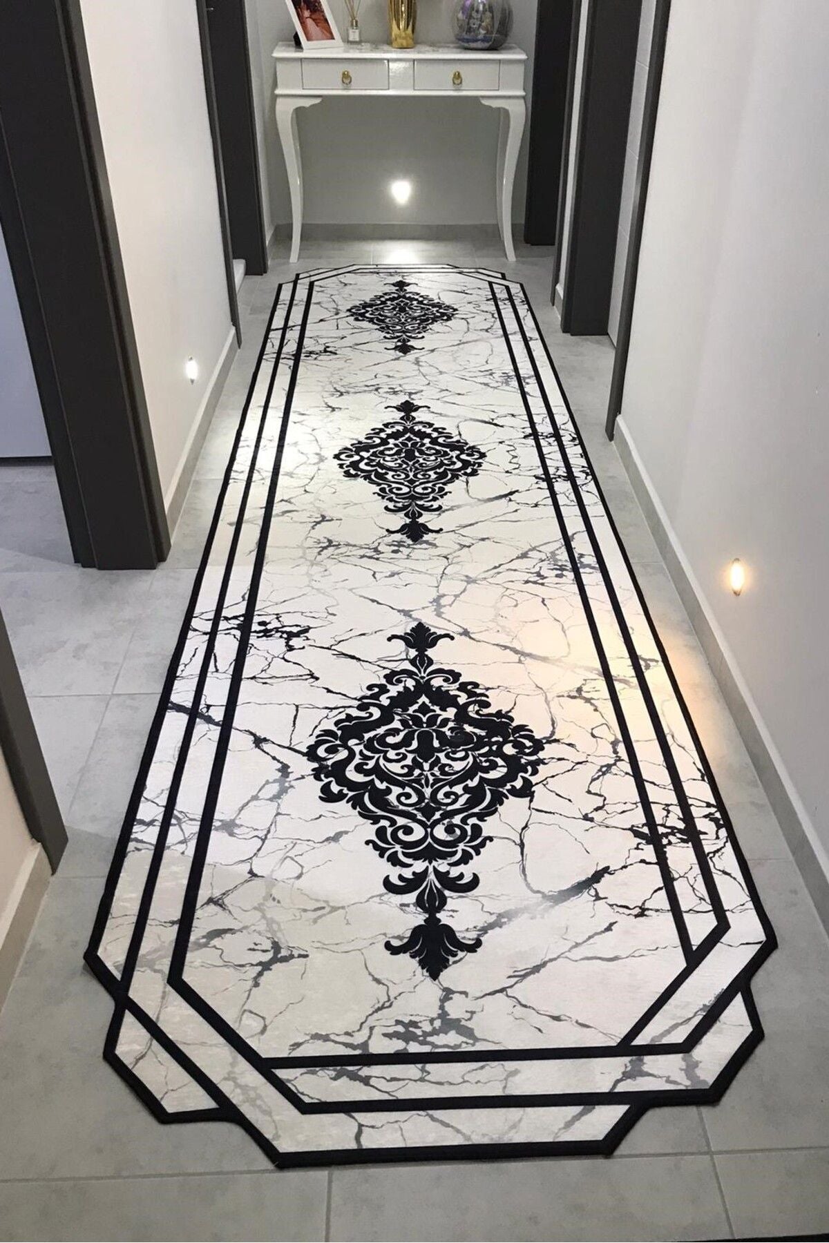 VOPTEKS Black and White Laser Cut Runner Corridor Rug Machine Washable Non-Slip Runner Hallway Entry Rug 1