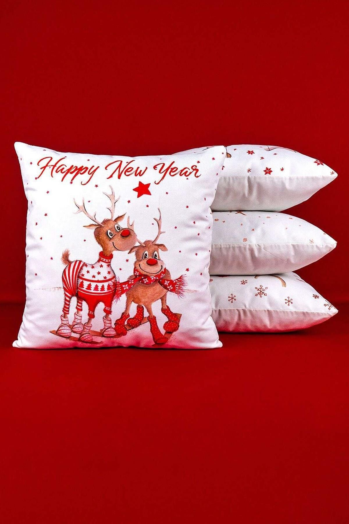 Cango Home Red Christmas Reindeer Patterned Digital Printed 4-Piece Cushion Cover Set 4kmbs323 2