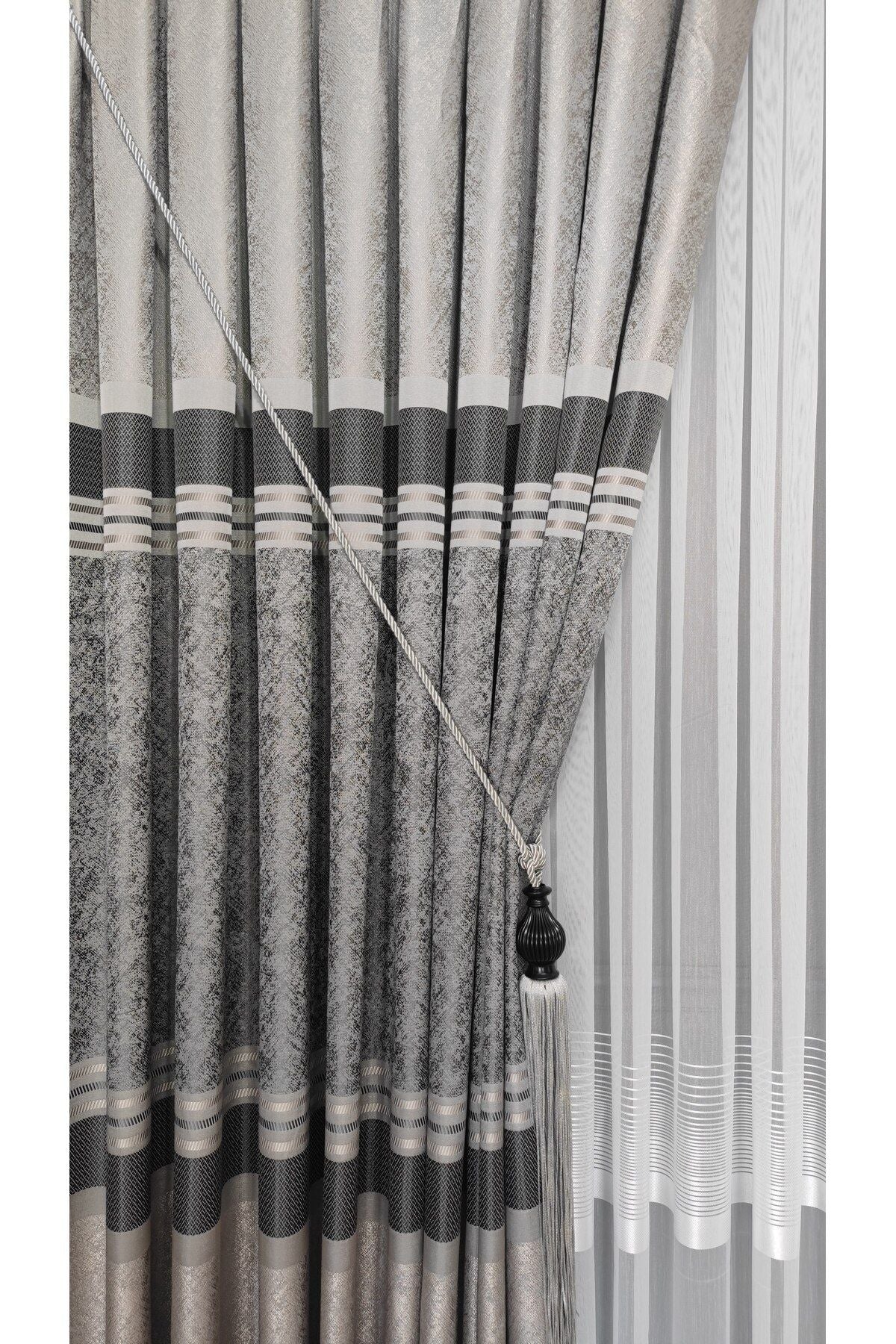 Yuka Pano Fon Perde Gri Antrasit Striped Patterned Single Panel Dense Pleated Jacquard Semi-Gloss 2