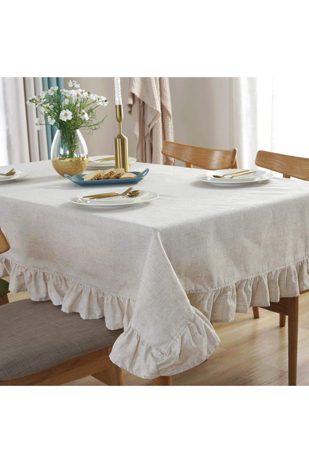 EVYA 100% Pure Cotton Linen Ruffled Tablecloth 160x220 Cm Vintage Kitchen Living Room Tablecloth 1